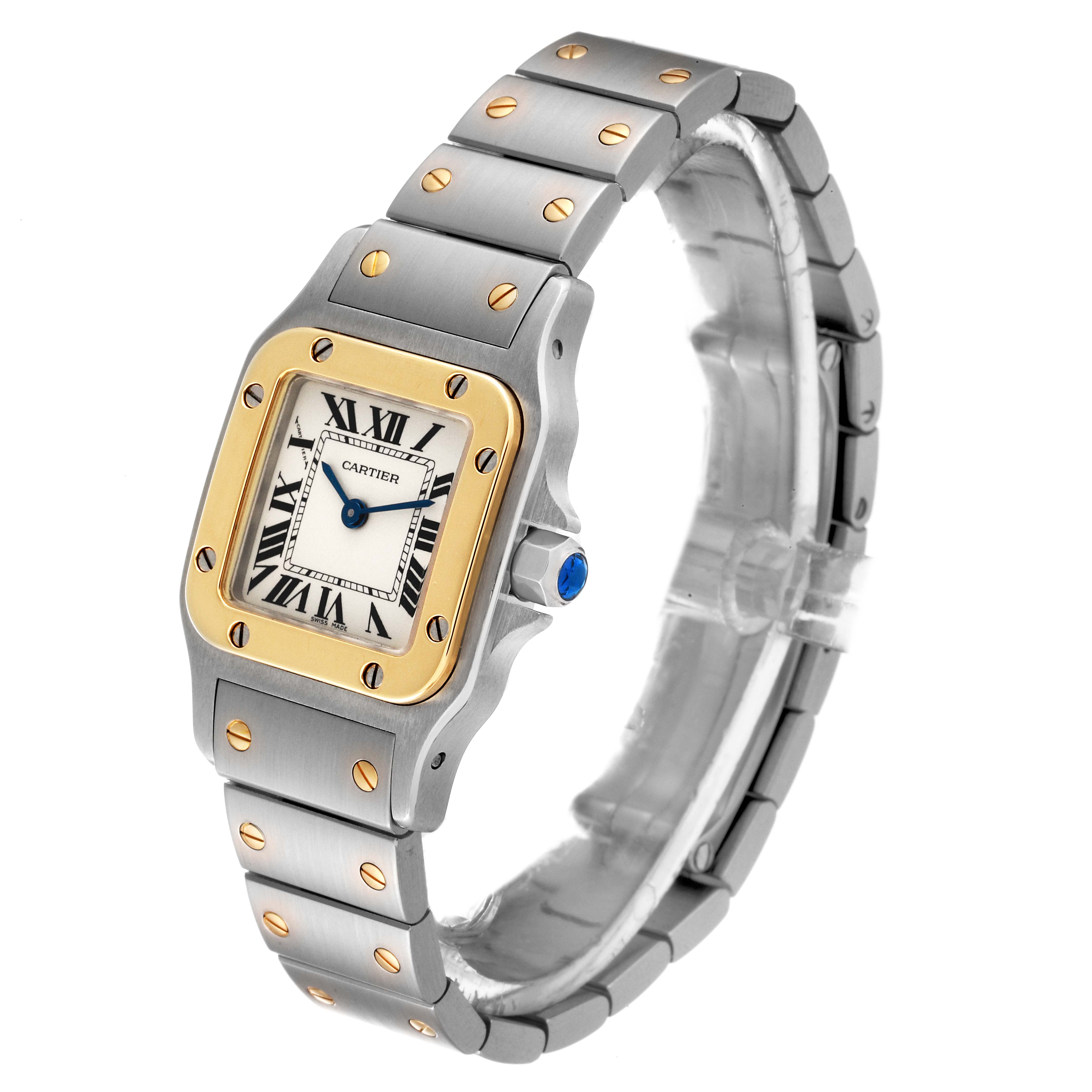 The image shows a Santos model by Cartier at a three-quarter angle, displaying the case, bracelet, dial, and crown.