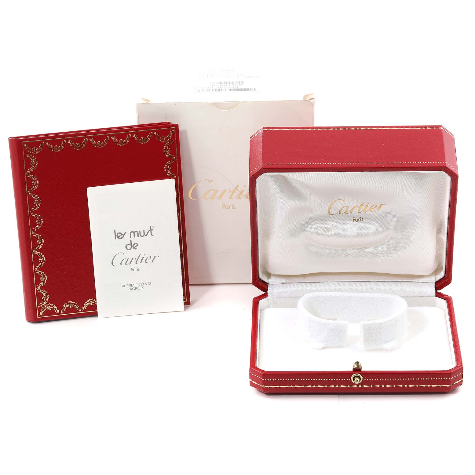 The image shows the outer box, a red Cartier display box, a booklet, and a cloth placeholder for a Cartier Santos W20012C4 Women's Steel and Gold (two tone) Silver Dial W20012C4 Women's Steel and Gold (two tone) Silver Dial model watch.