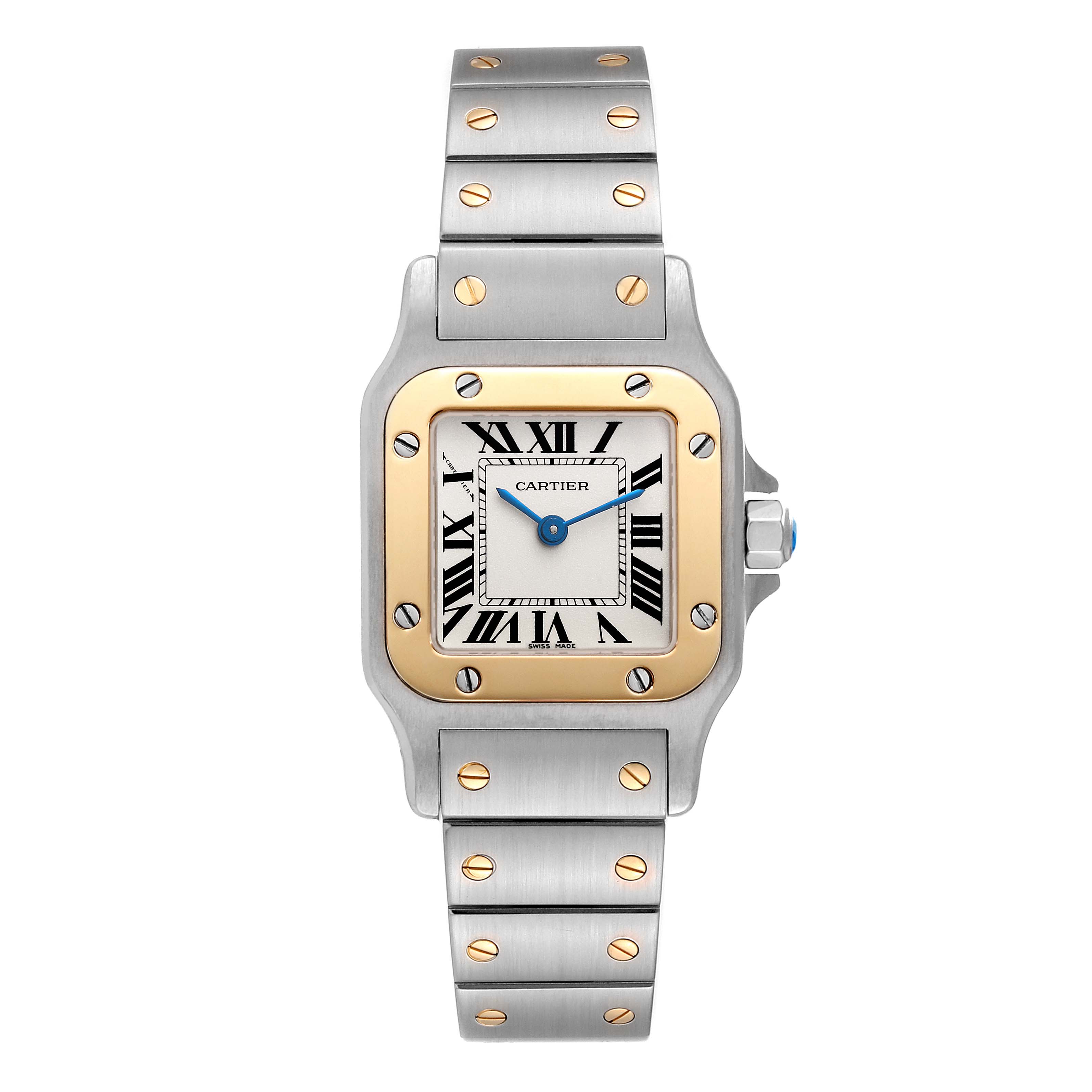The image shows a front view of a Cartier Santos W20012C4 Women's Steel and Gold (two tone) Silver Dial W20012C4 Women's Steel and Gold (two tone) Silver Dial watch, highlighting its two-tone bezel, Roman numeral dial, and metal bracelet.