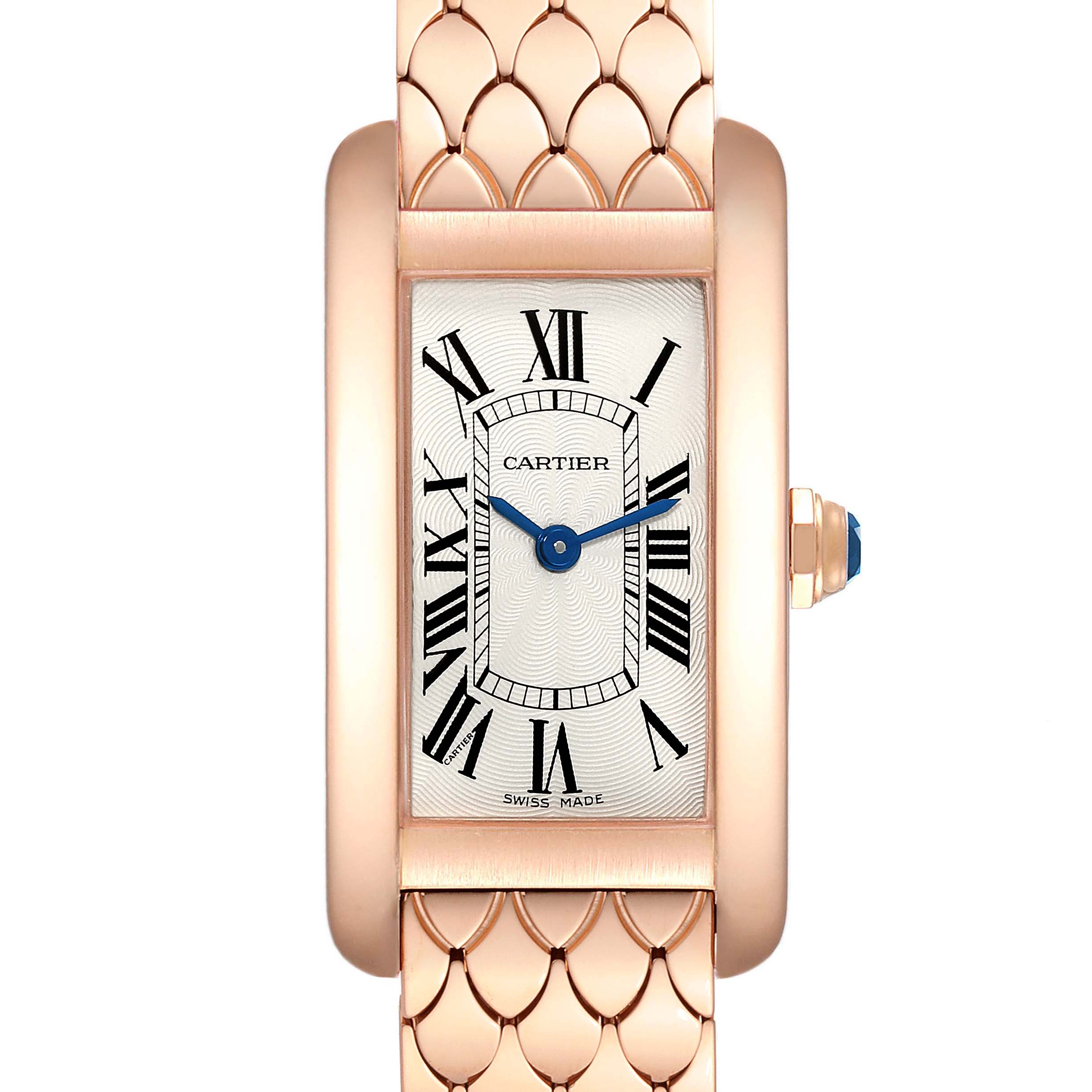 The image shows a frontal view of the Cartier Tank Americaine W2620031 Women's Rose Gold Silver Dial W2620031 Women's Rose Gold Silver Dial watch, featuring its rectangular face, Roman numerals, and bracelet.