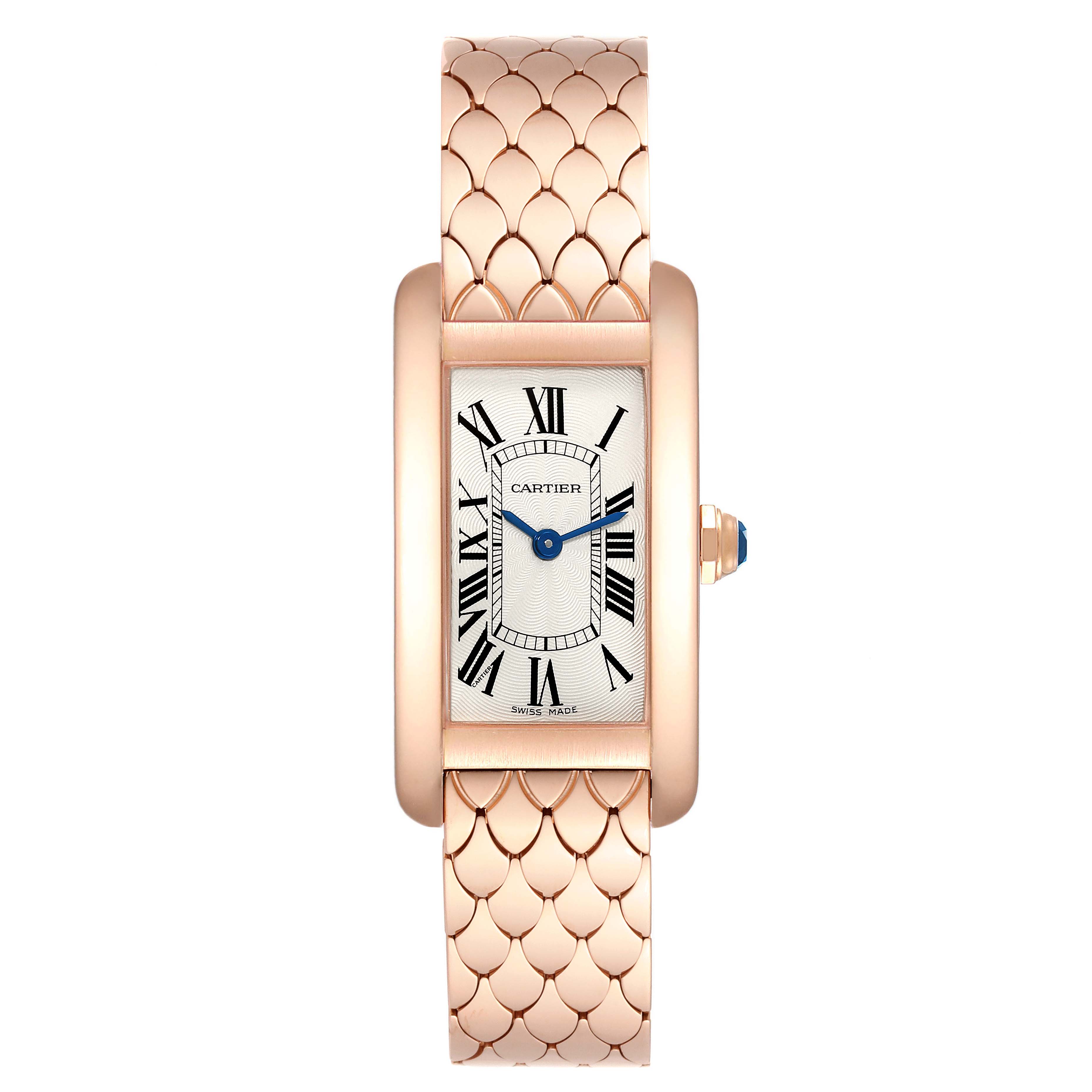 The image shows a front view of a Cartier Tank Américaine watch, highlighting its rectangular face and patterned metal bracelet.