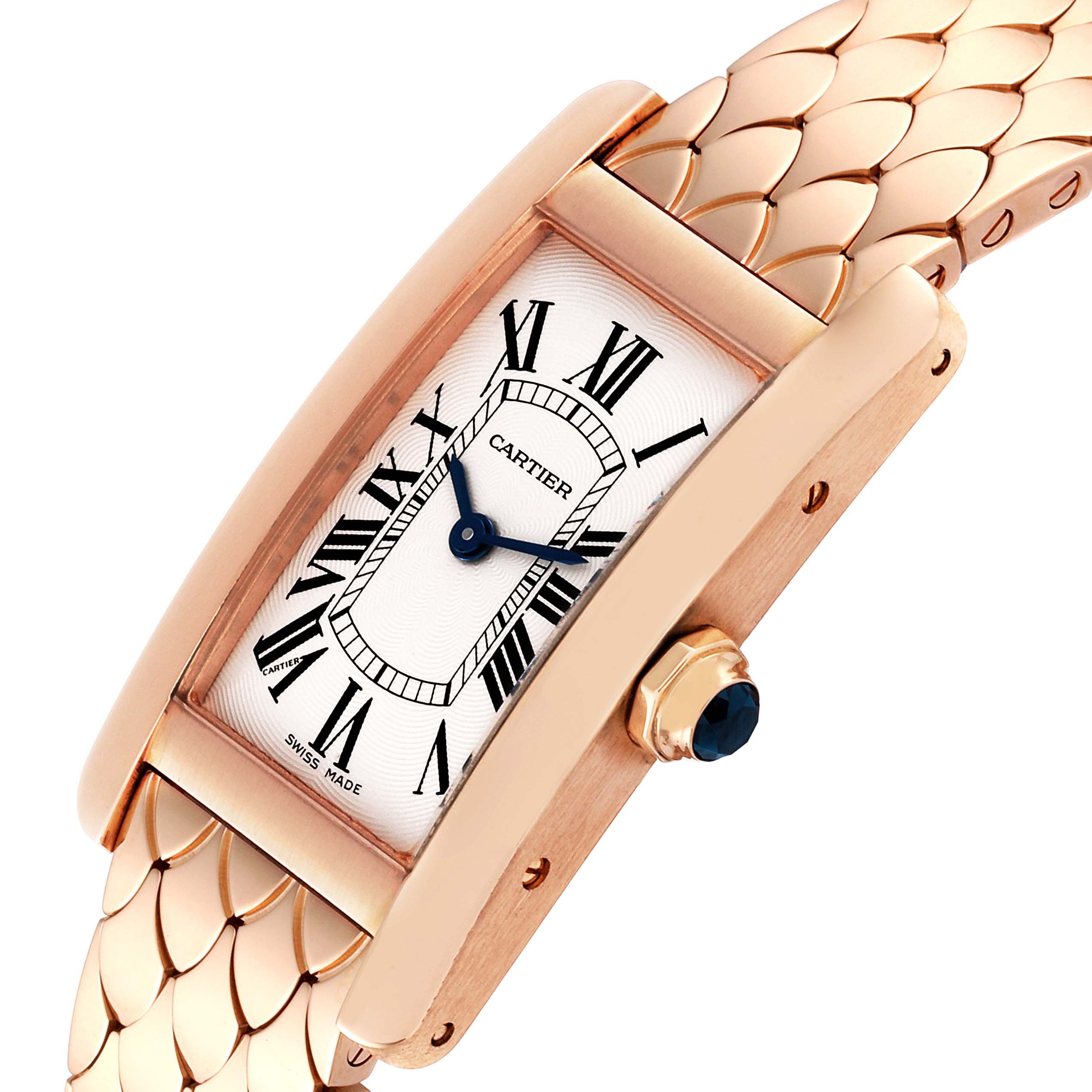 The image shows a diagonal view of the Cartier Tank Americaine W2620031 Women's Rose Gold Silver Dial W2620031 Women's Rose Gold Silver Dial watch, highlighting its dial, case, crown, and part of the bracelet.