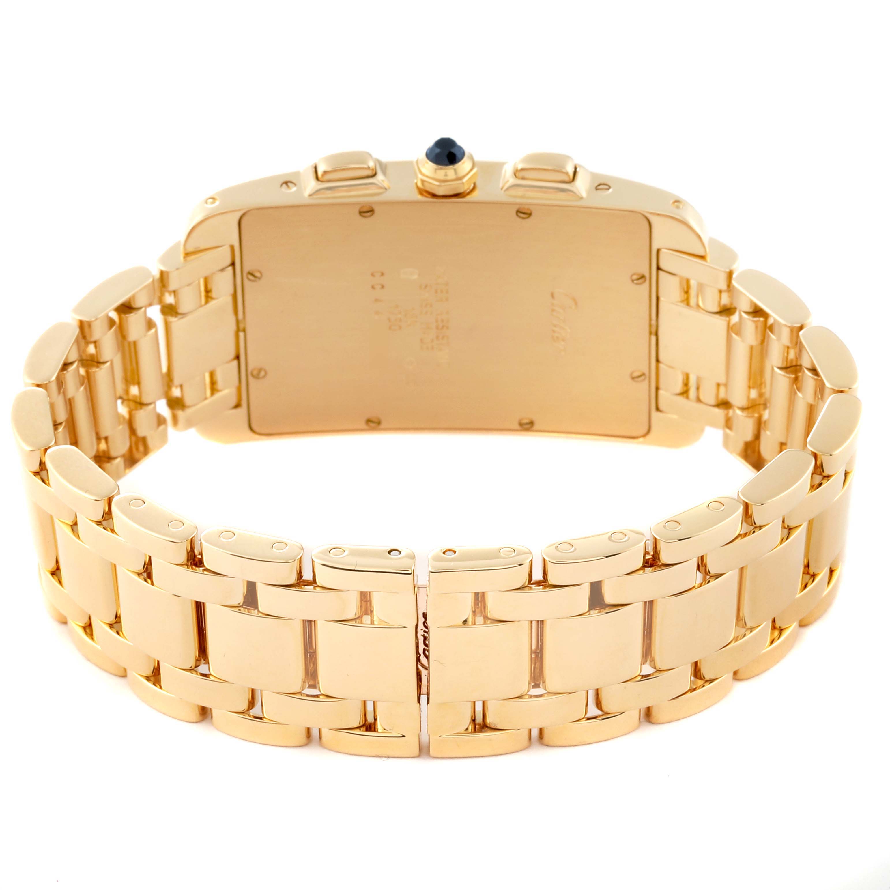 The image shows the back and bracelet of a Cartier Tank Américaine watch, highlighting its gold case and bracelet.