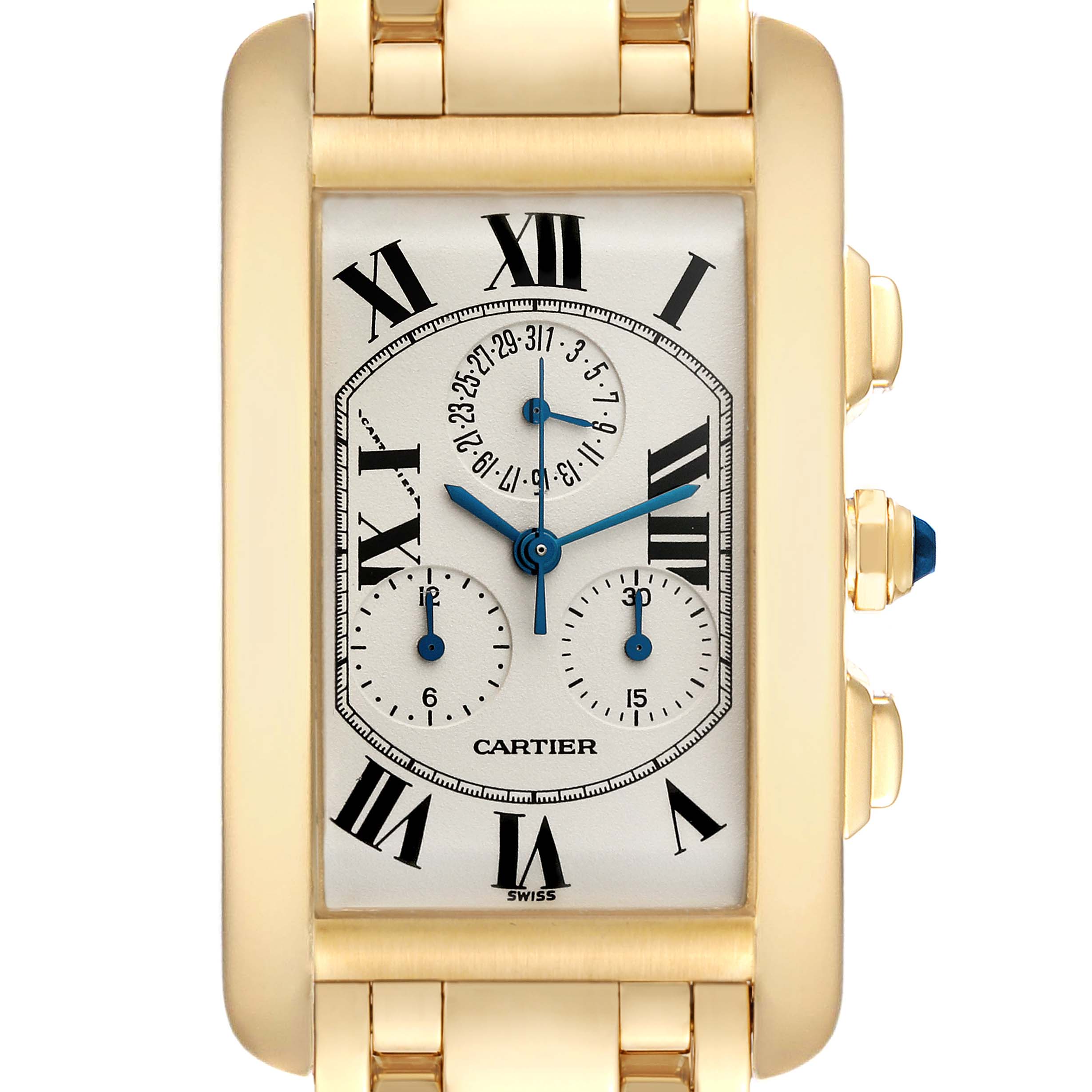 The image shows a frontal view of the Cartier Tank Américaine watch, highlighting the face, Roman numerals, blue hands, and gold casing.