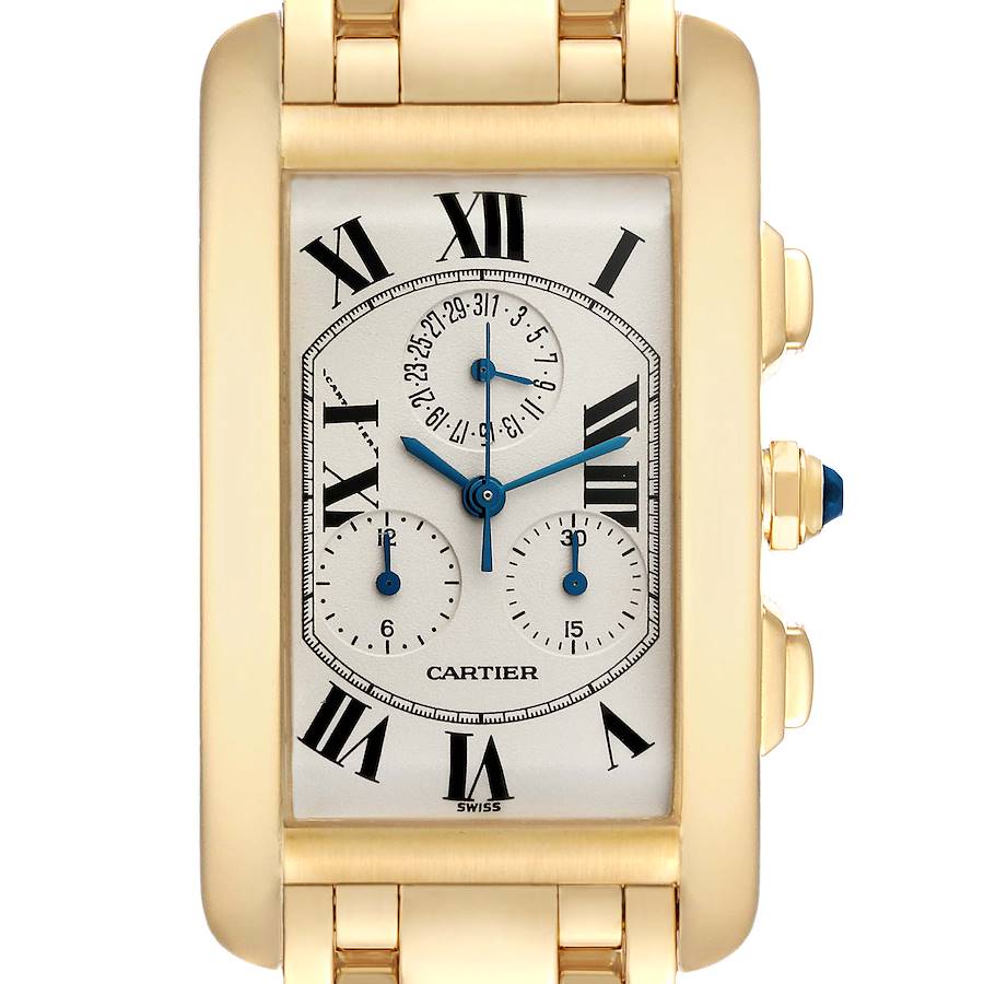 Cartier Tank Americaine Chronograph Yellow Gold Mens Watch W26011K2 SwissWatchExpo