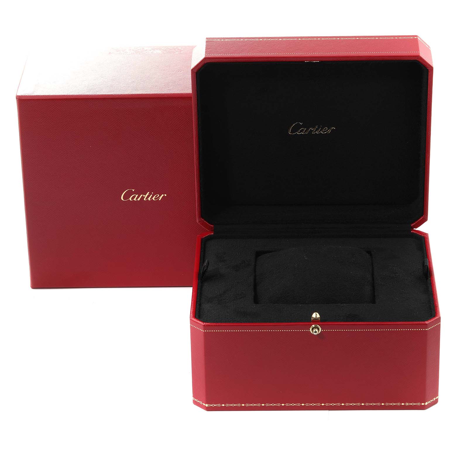 The image shows the open and closed red box of the Cartier Tank Americaine W26011K2 Men
s Yellow Gold Silver Dial W26011K2 Men
s Yellow Gold Silver Dial watch, revealing its posh black cushioned interior.