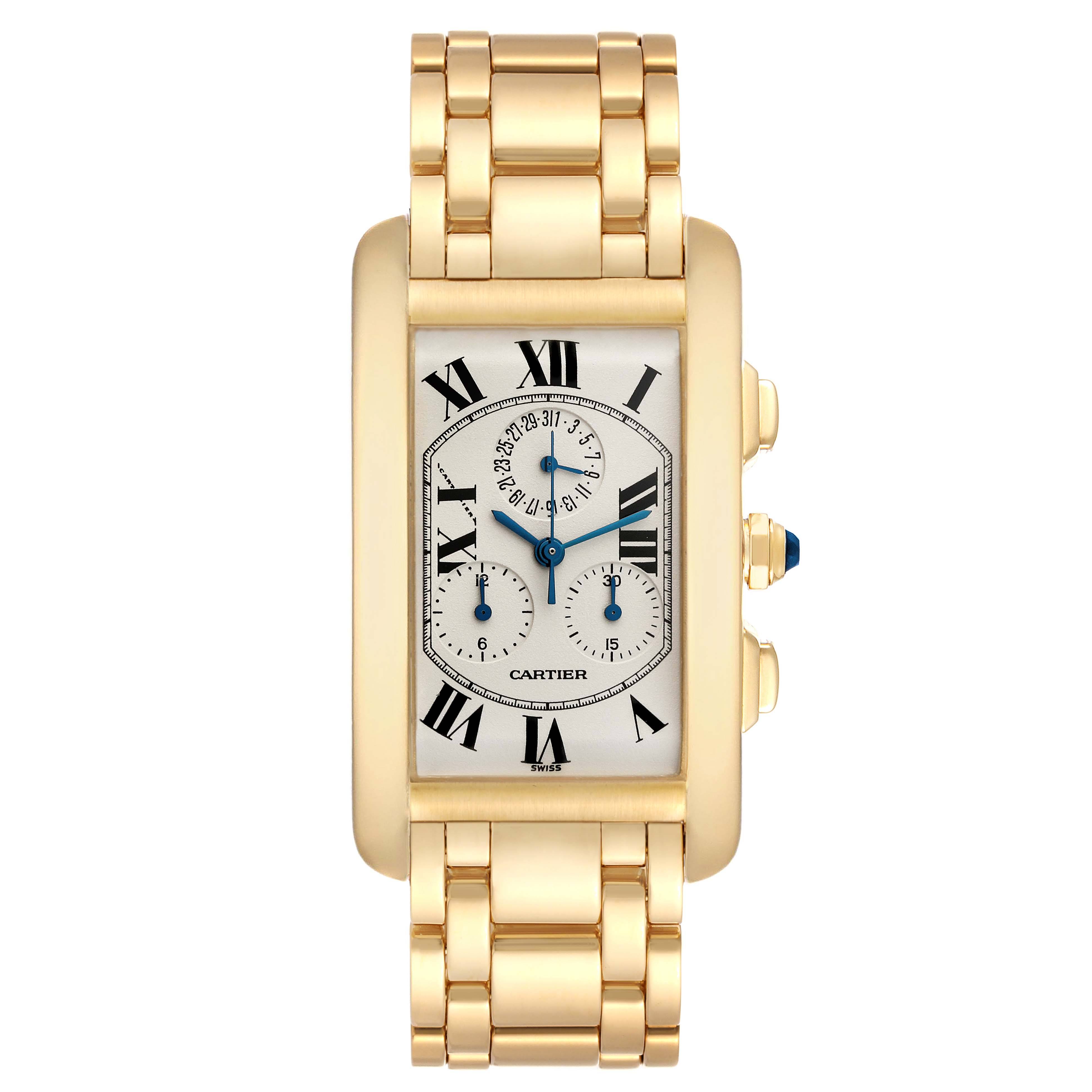 The image shows a frontal view of a Cartier Tank Americaine W26011K2 Men
s Yellow Gold Silver Dial W26011K2 Men
s Yellow Gold Silver Dial watch, displaying its rectangular face and linked gold bracelet.