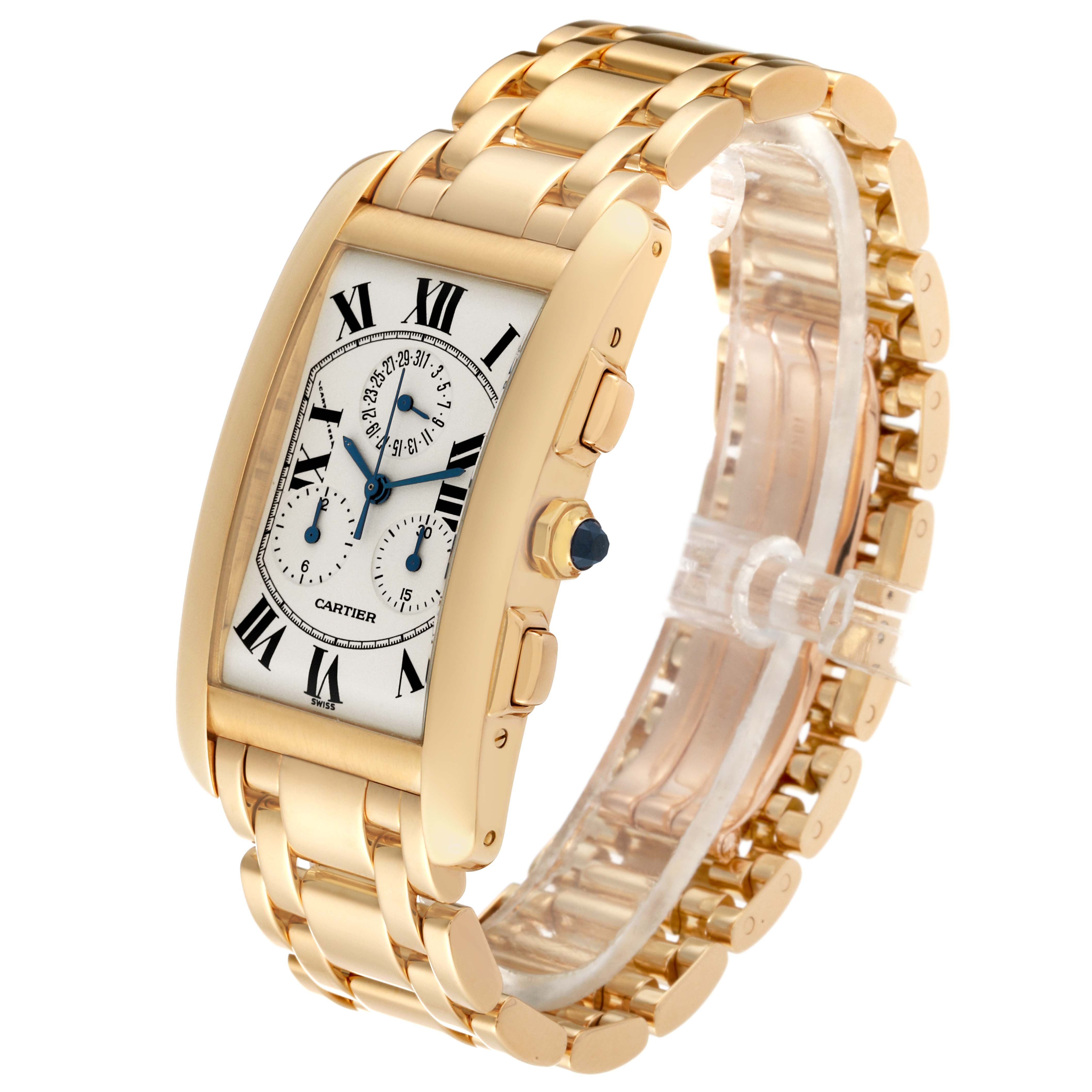 This image shows a Cartier Tank Americaine W26011K2 Men
s Yellow Gold Silver Dial W26011K2 Men
s Yellow Gold Silver Dial watch from an angled top-side view, highlighting its gold bracelet and rectangular face.