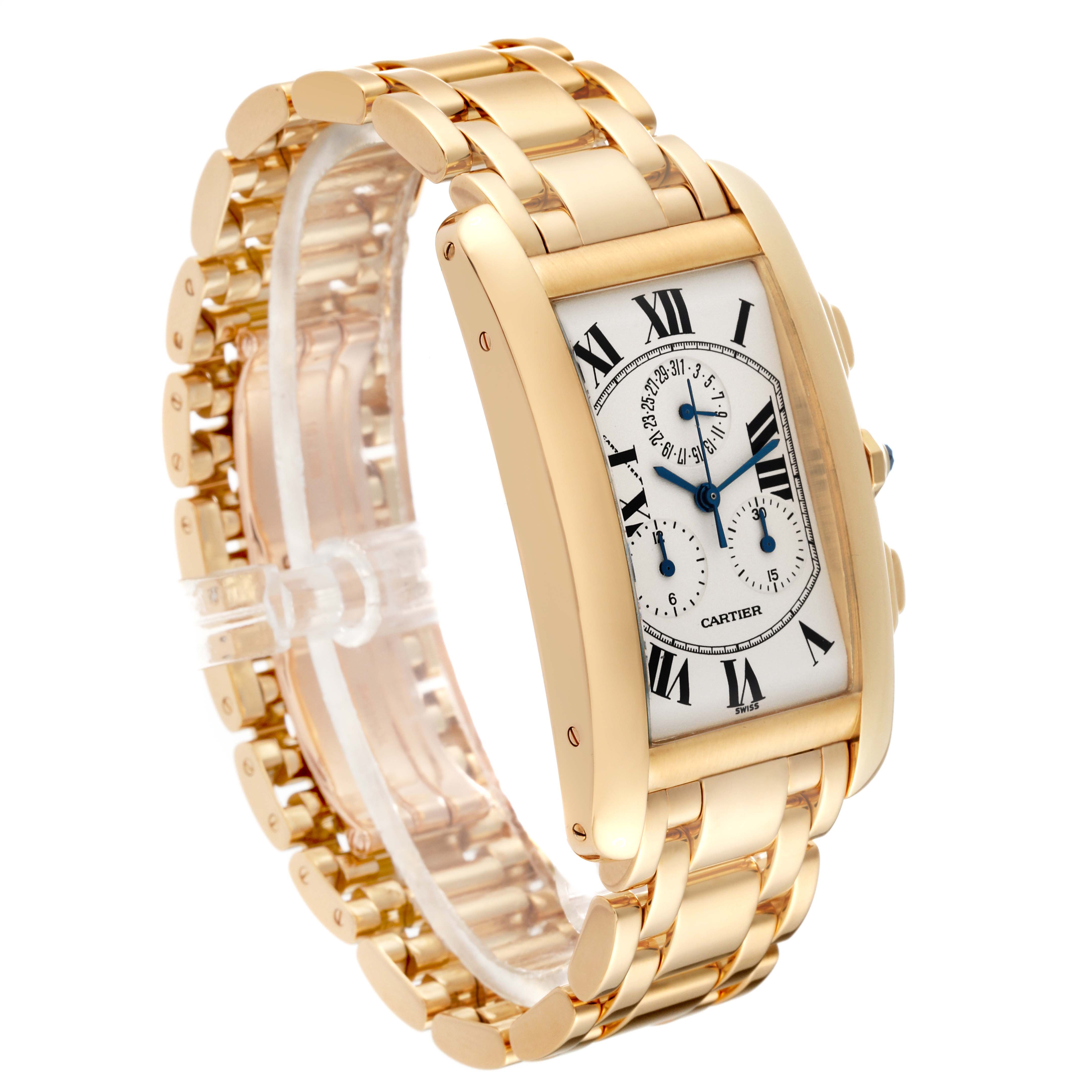 This image shows the Tank Americaine model by Cartier from a three-quarter angle, highlighting its gold strap and rectangular face.