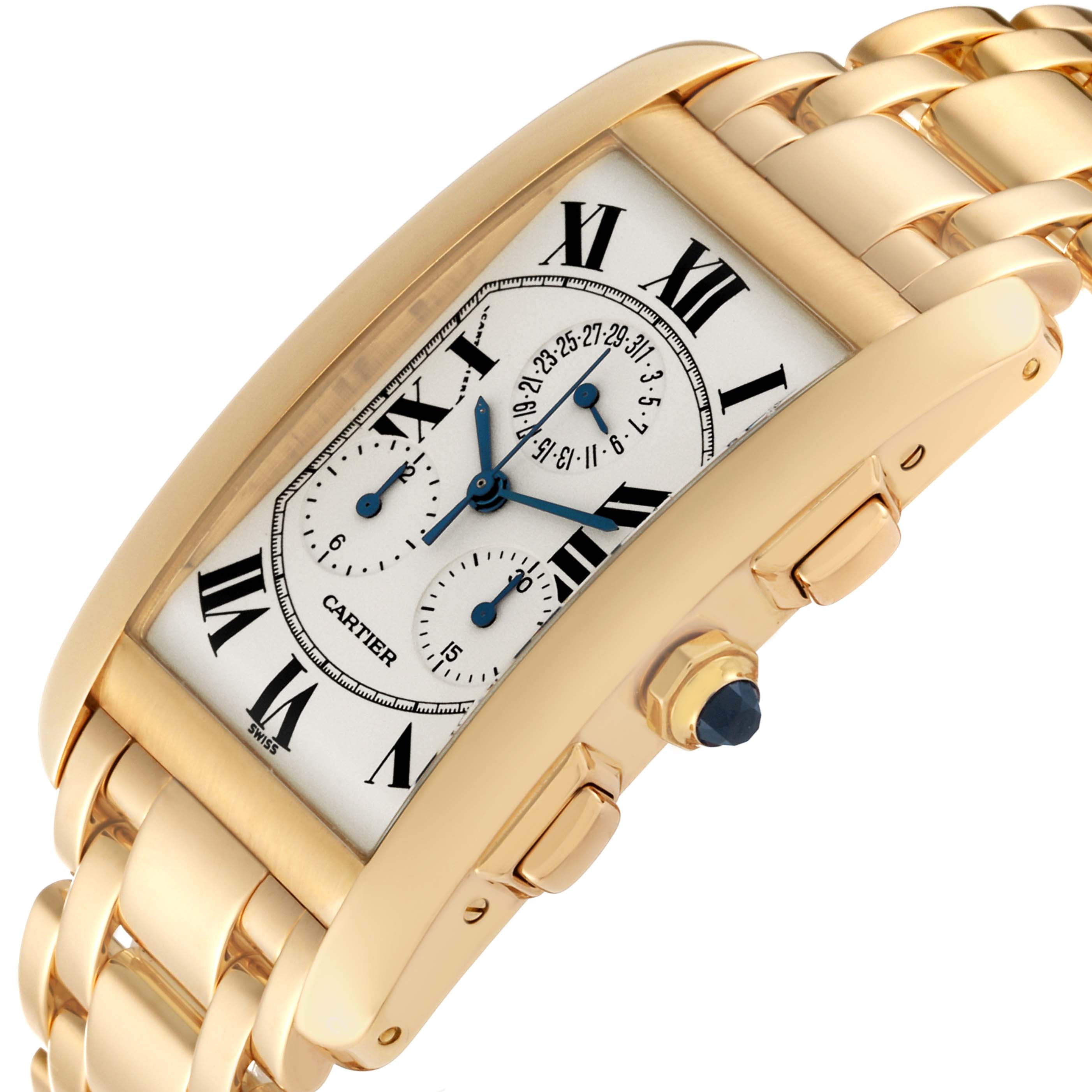 The image shows a close-up side angle of a Cartier Tank Americaine W26011K2 Men
s Yellow Gold Silver Dial W26011K2 Men
s Yellow Gold Silver Dial watch, highlighting its gold casing, bracelet, and detailed dial.