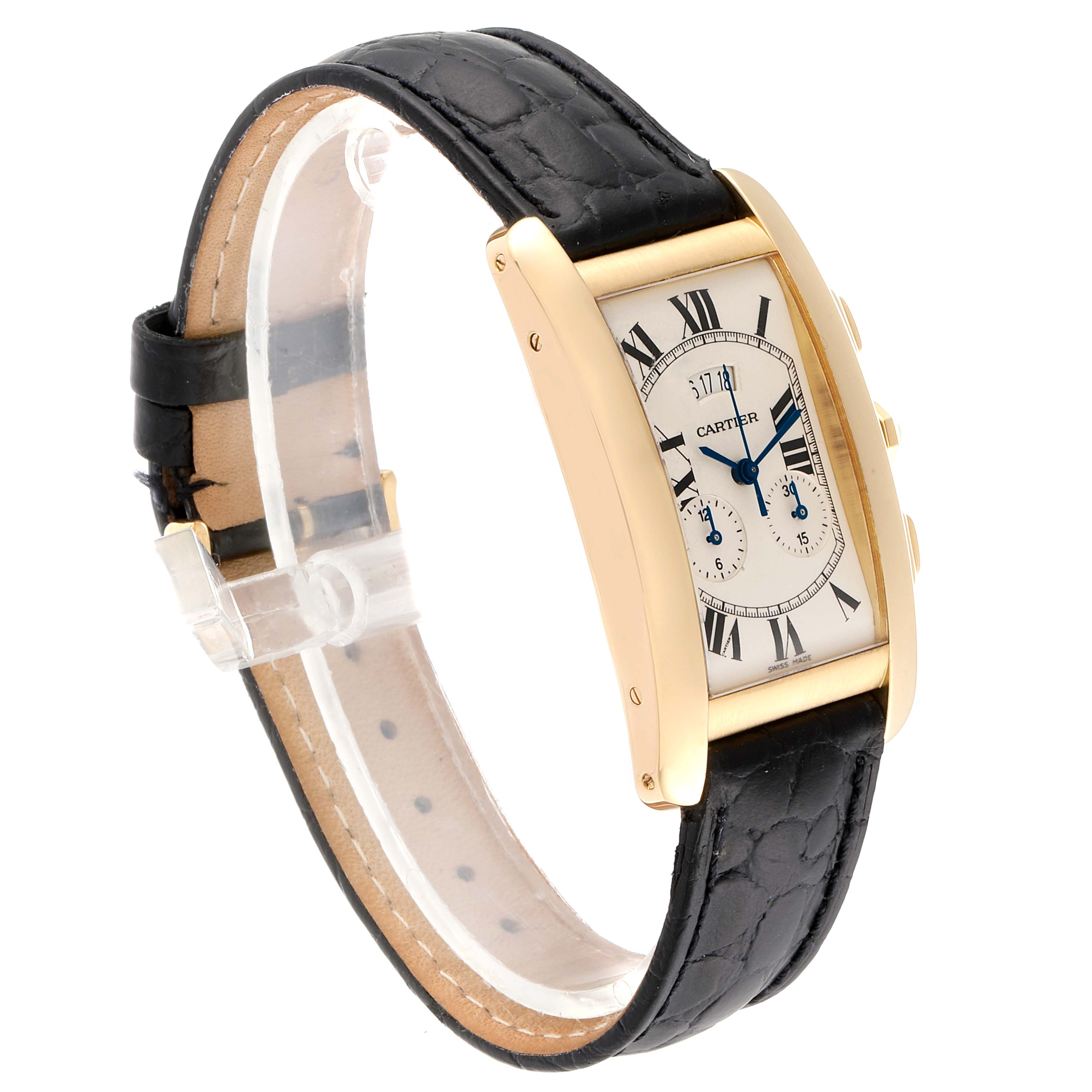 The image shows a side angle of the Cartier Tank Americaine 2568 Men
s Yellow Gold Silver Dial 2568 Men
s Yellow Gold Silver Dial watch, featuring its rectangular dial, gold case, and black leather strap.