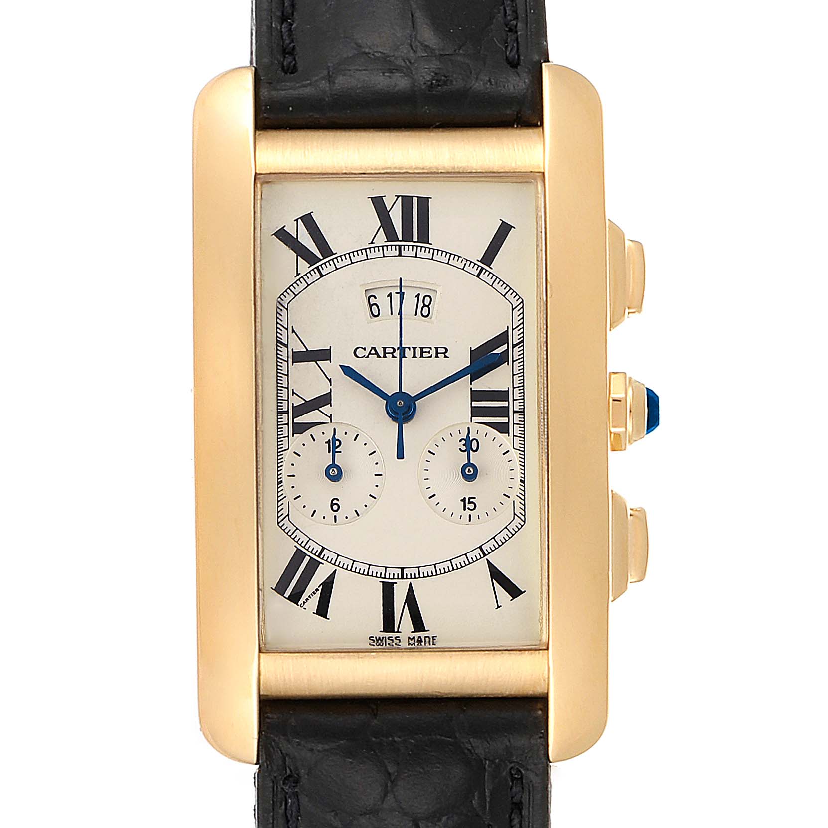 The image shows a front view of the Cartier Tank Americaine 2568 Men
s Yellow Gold Silver Dial 2568 Men
s Yellow Gold Silver Dial watch, highlighting the face, two subdials, and the crown with blue details.
