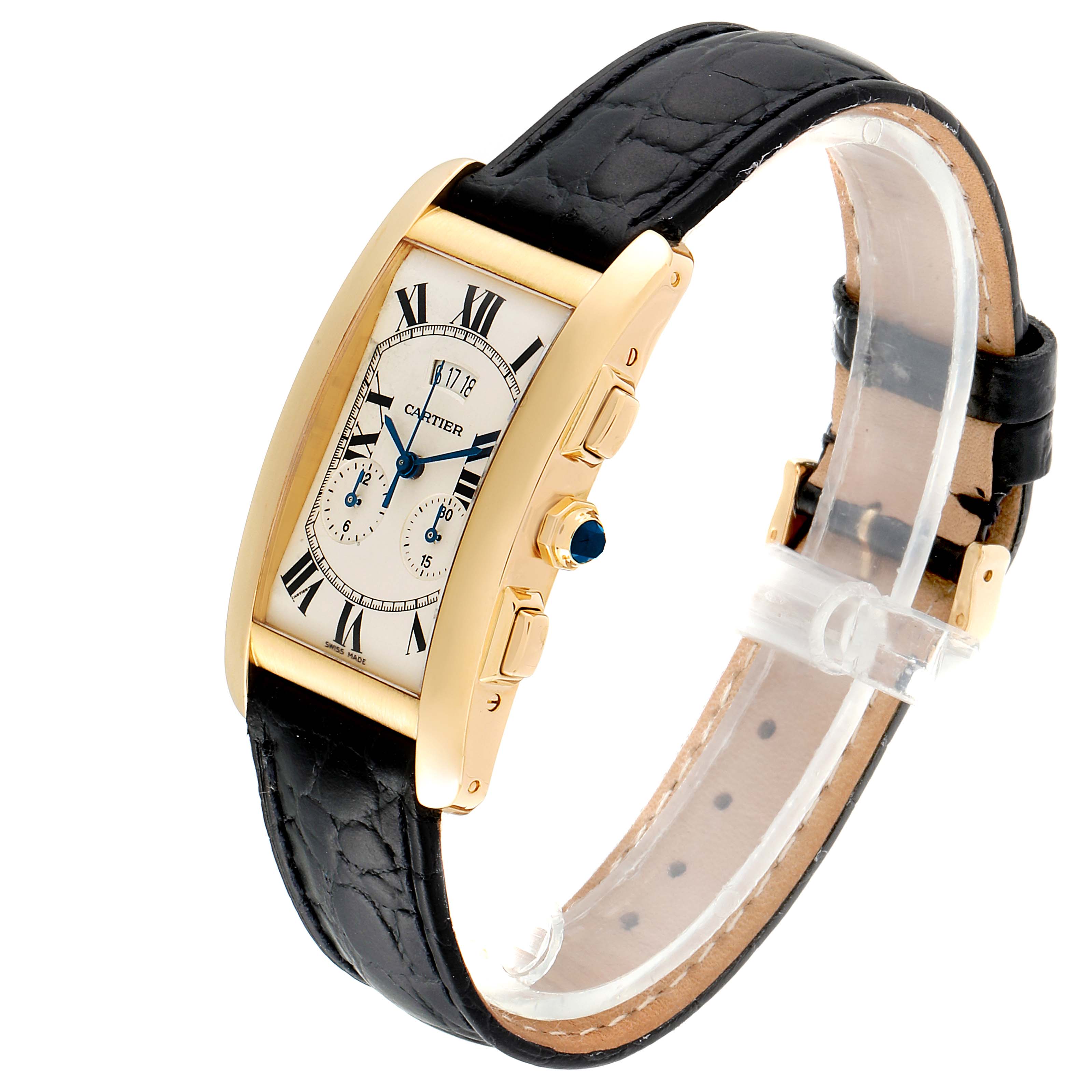 This image shows a Cartier Tank Americaine 2568 Men
s Yellow Gold Silver Dial 2568 Men
s Yellow Gold Silver Dial watch from an angled view, highlighting its face, crown, and side push buttons, along with a leather strap.