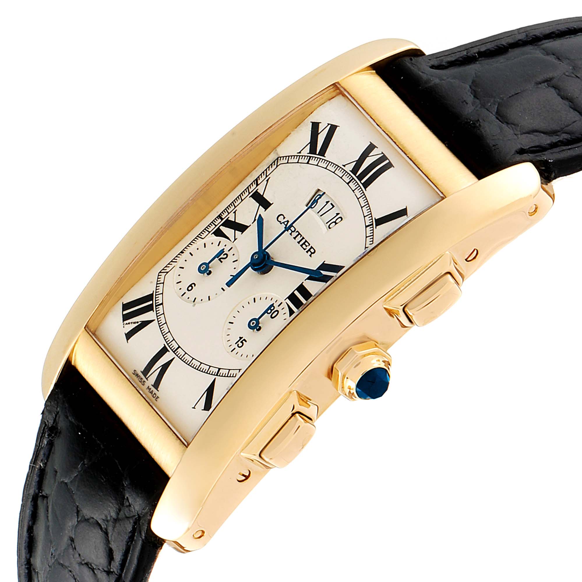 This image shows a side view of the Cartier Tank Americaine 2568 Men
s Yellow Gold Silver Dial 2568 Men
s Yellow Gold Silver Dial watch, highlighting the gold casing, crown, and leather strap.