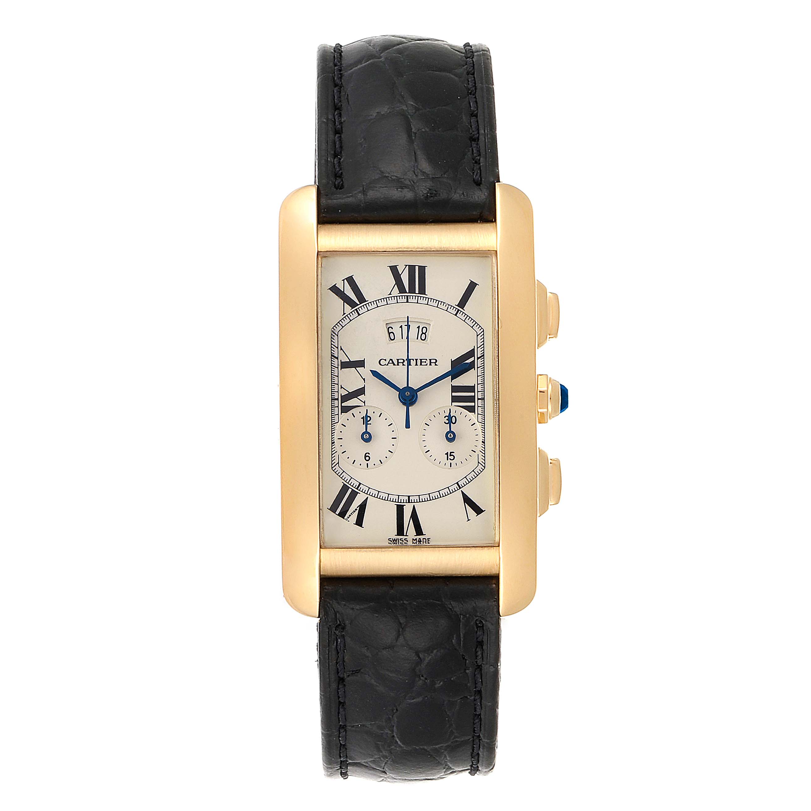 This image shows a Cartier Tank Americaine 2568 Men
s Yellow Gold Silver Dial 2568 Men
s Yellow Gold Silver Dial watch from the front with a black leather strap and gold case.