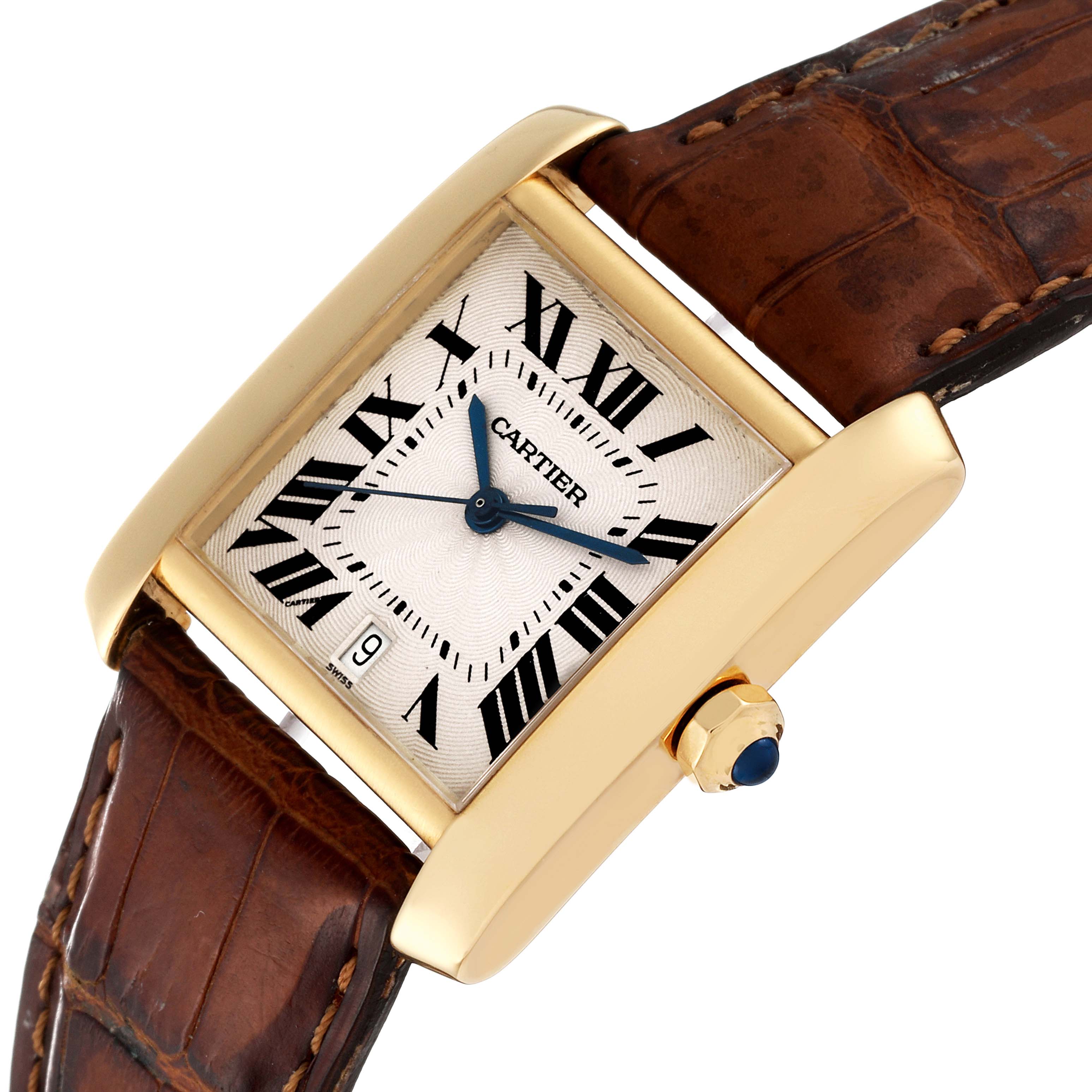 The image shows a Tank Française model by Cartier at an oblique angle, highlighting the watch face, leather strap, and crown.