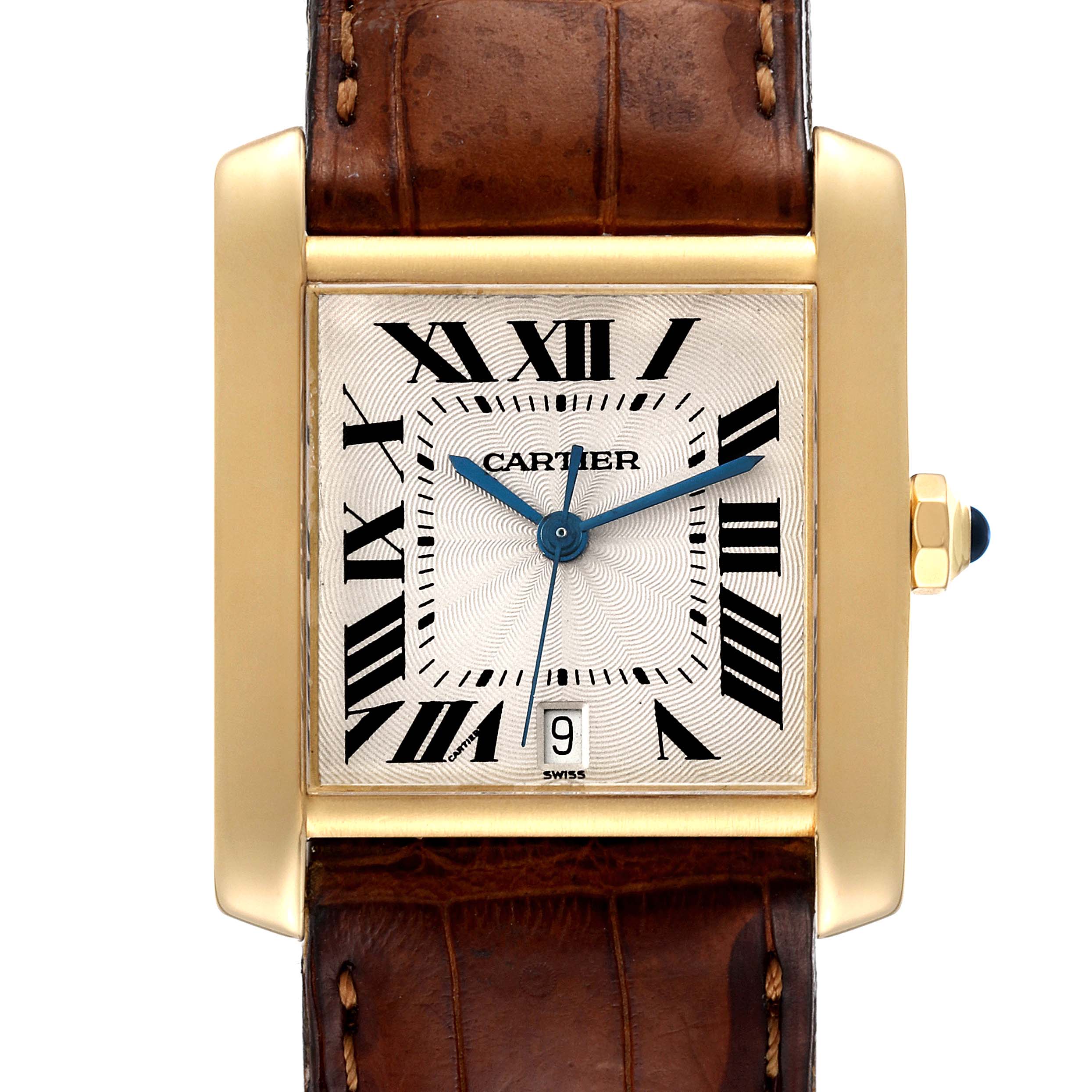 The image shows a Cartier Tank Francaise W5000156 Men's Yellow Gold Silver Dial W5000156 Men's Yellow Gold Silver Dial watch from a front angle, displaying the face, Roman numerals, hands, and part of the brown leather strap.