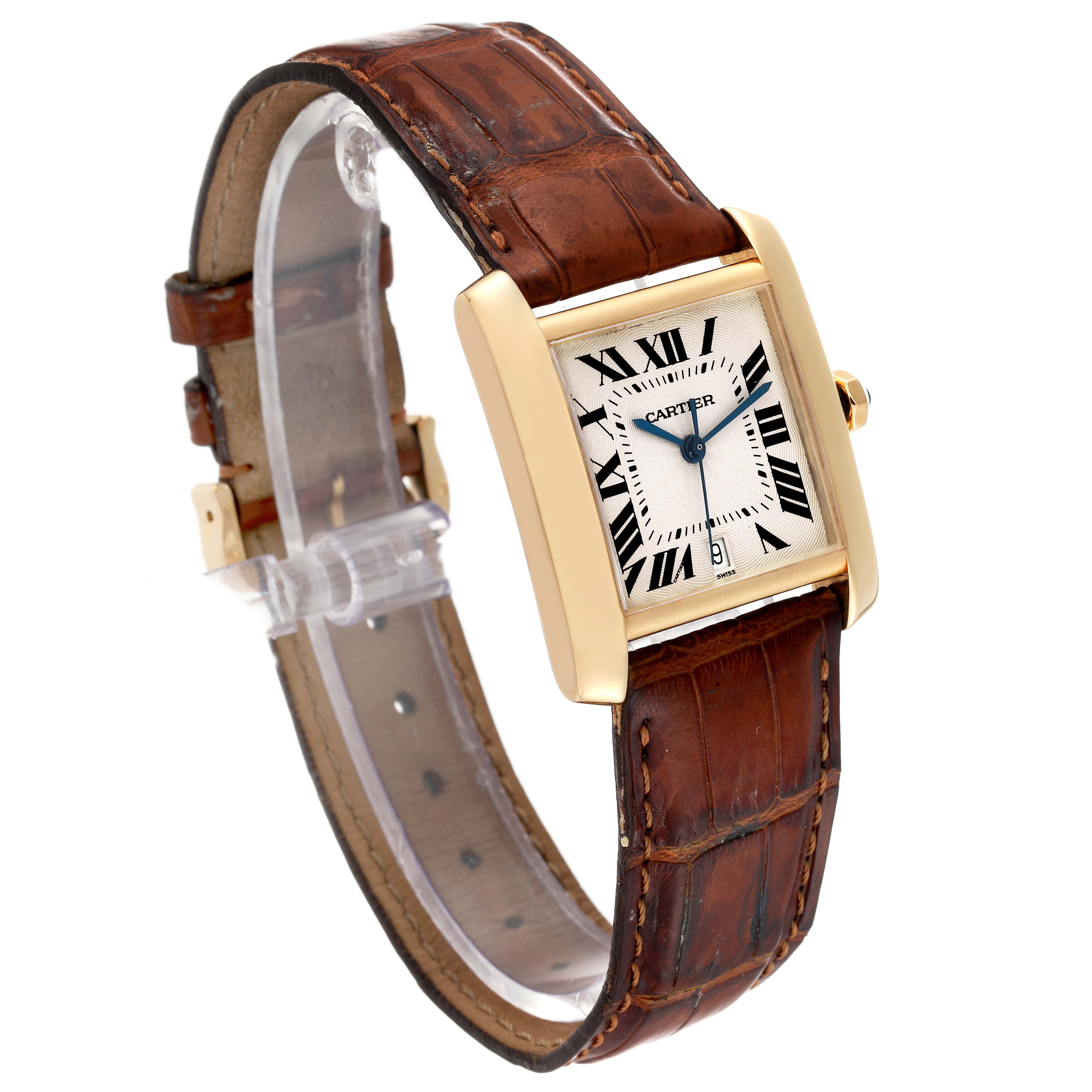 The image shows a Cartier Tank Francaise W5000156 Men's Yellow Gold Silver Dial W5000156 Men's Yellow Gold Silver Dial watch with a brown leather strap viewed from a front angle.