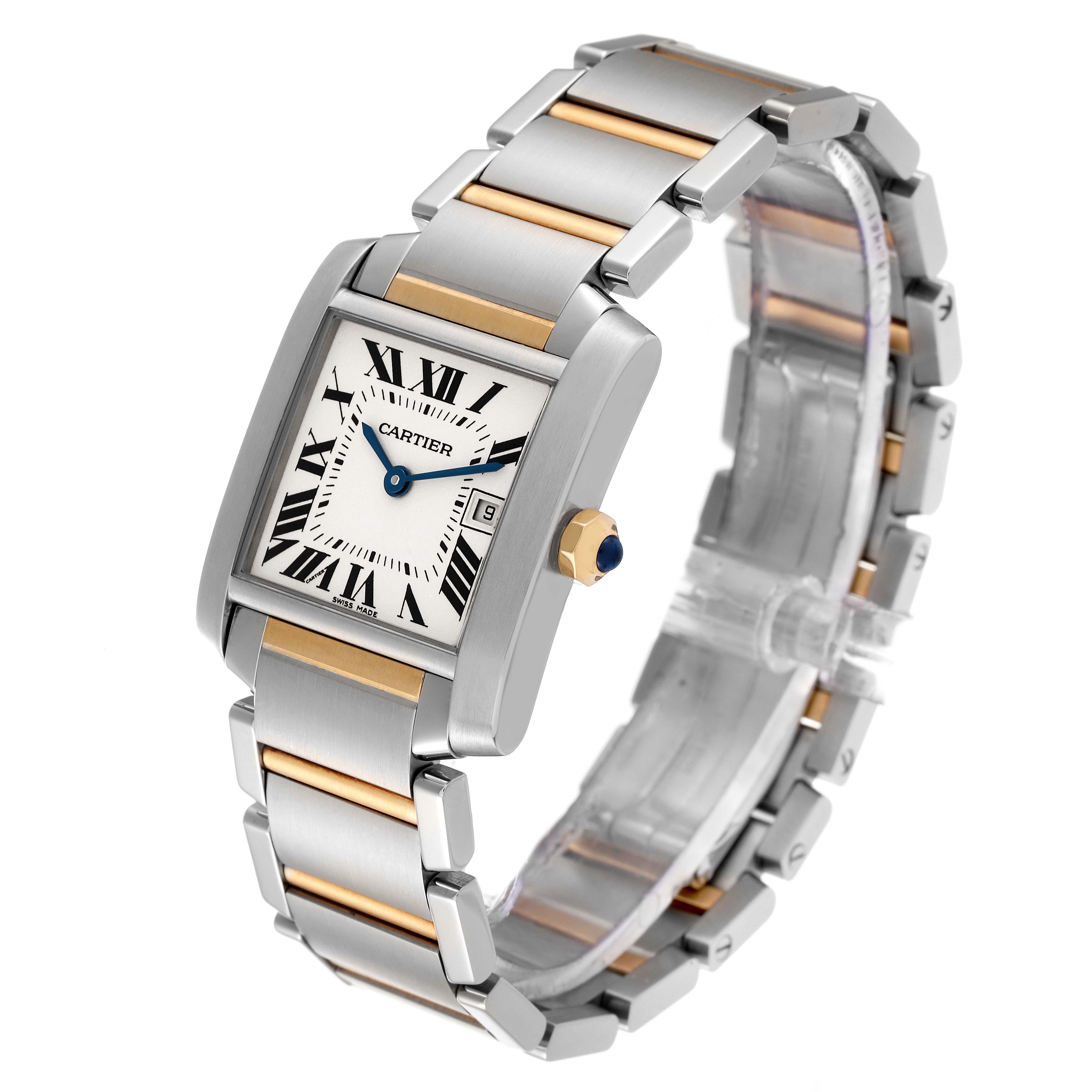 The Cartier Tank Francaise W51012Q4 Women's Steel and Gold (two tone) Silver Dial W51012Q4 Women's Steel and Gold (two tone) Silver Dial watch is shown at an angle highlighting the face, roman numerals, two-tone bracelet, and sapphire crown.
