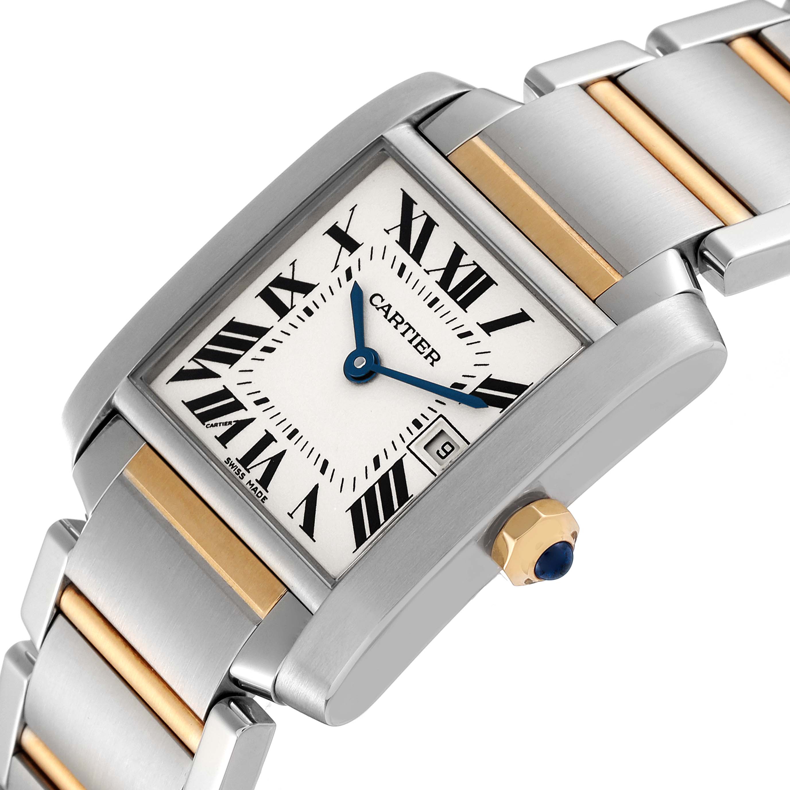 The Cartier Tank Francaise W51012Q4 Women's Steel and Gold (two tone) Silver Dial W51012Q4 Women's Steel and Gold (two tone) Silver Dial watch is shown from a slight side angle, displaying the face, dial, crown, and part of the bracelet.