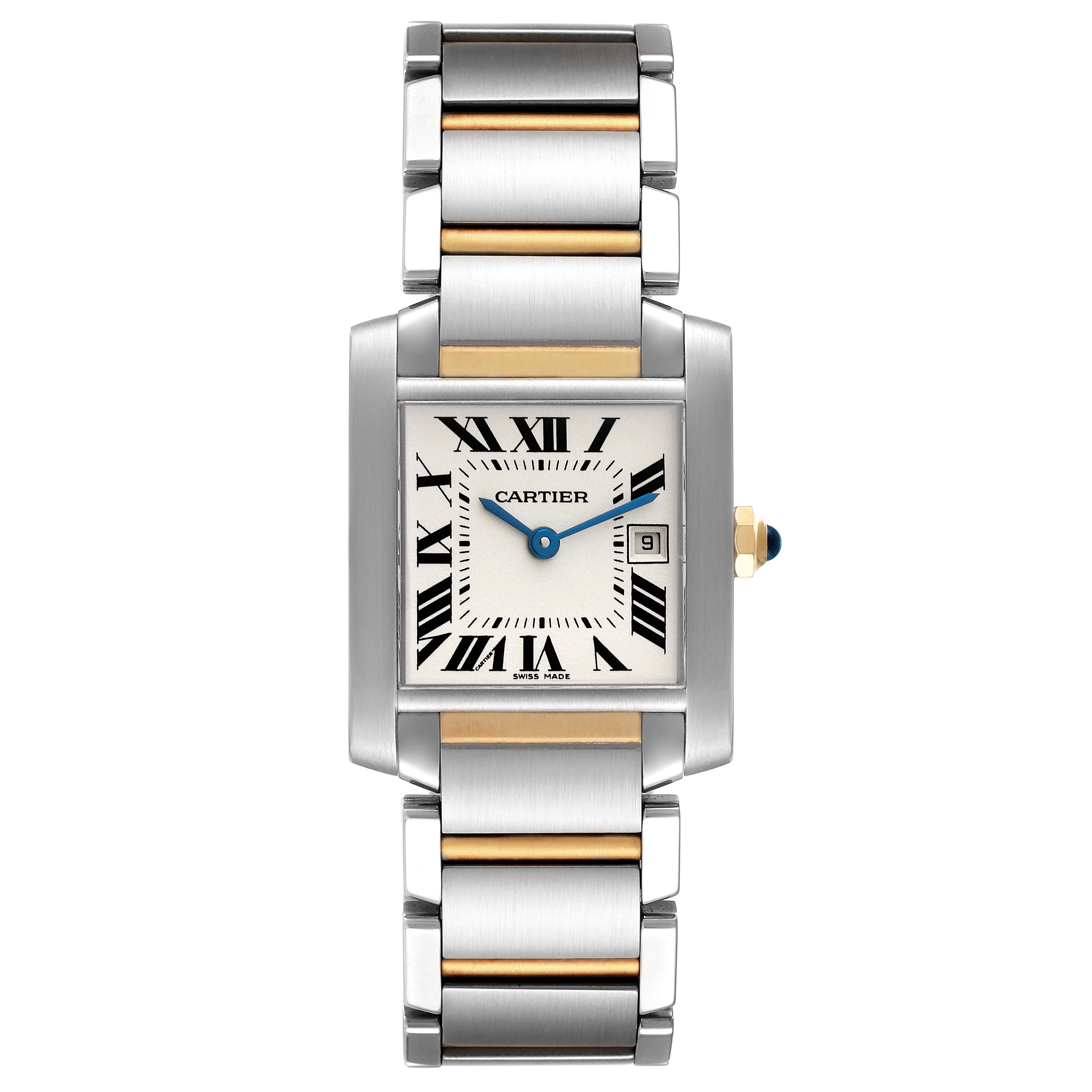 The Cartier Tank Française watch is shown from a straight-on angle, highlighting its face, Roman numeral markers, hands, and metal bracelet with gold accents.