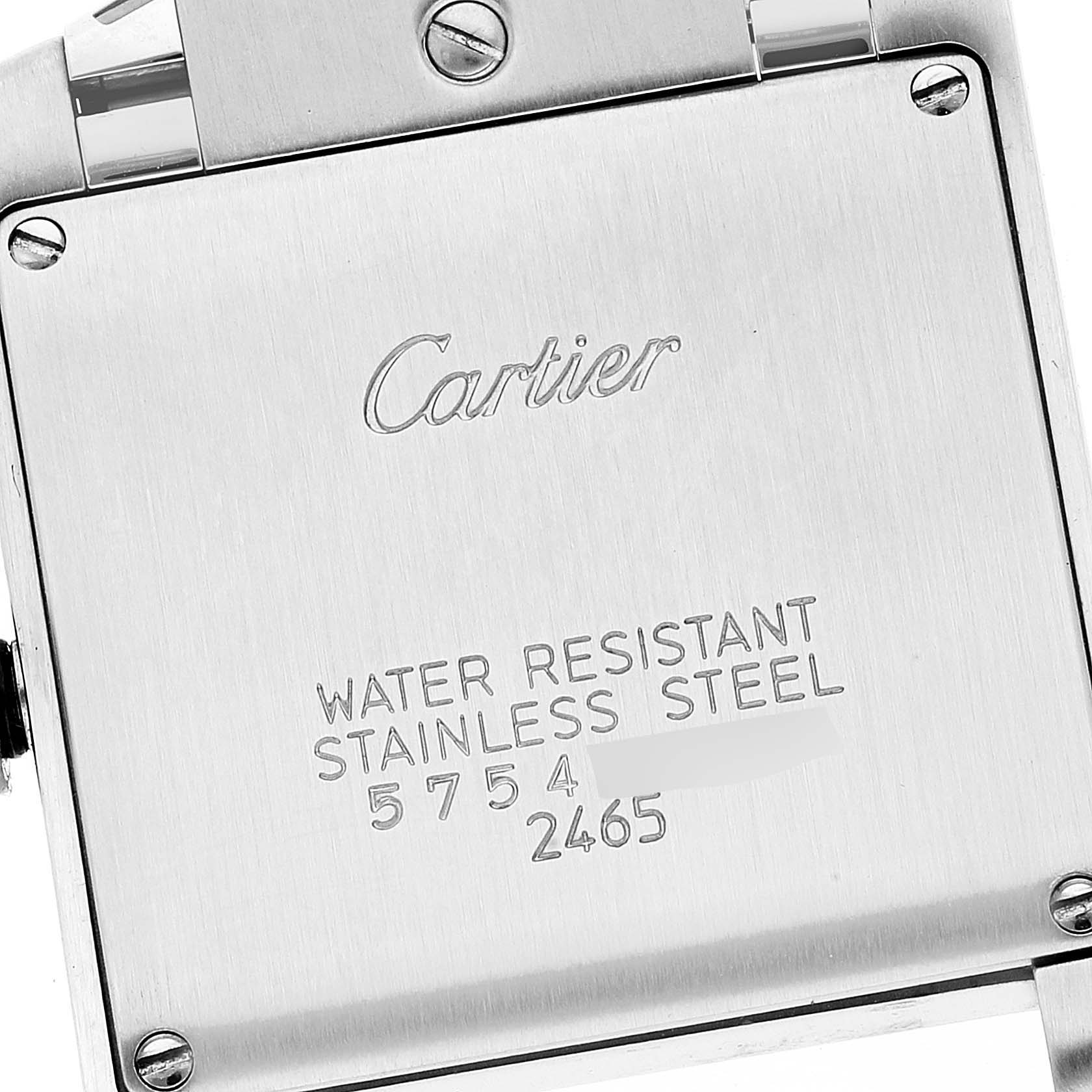 This image shows the back of a Cartier Tank Francaise W51012Q4 Women's Steel and Gold (two tone) Silver Dial W51012Q4 Women's Steel and Gold (two tone) Silver Dial watch, highlighting its stainless steel construction and water resistance.