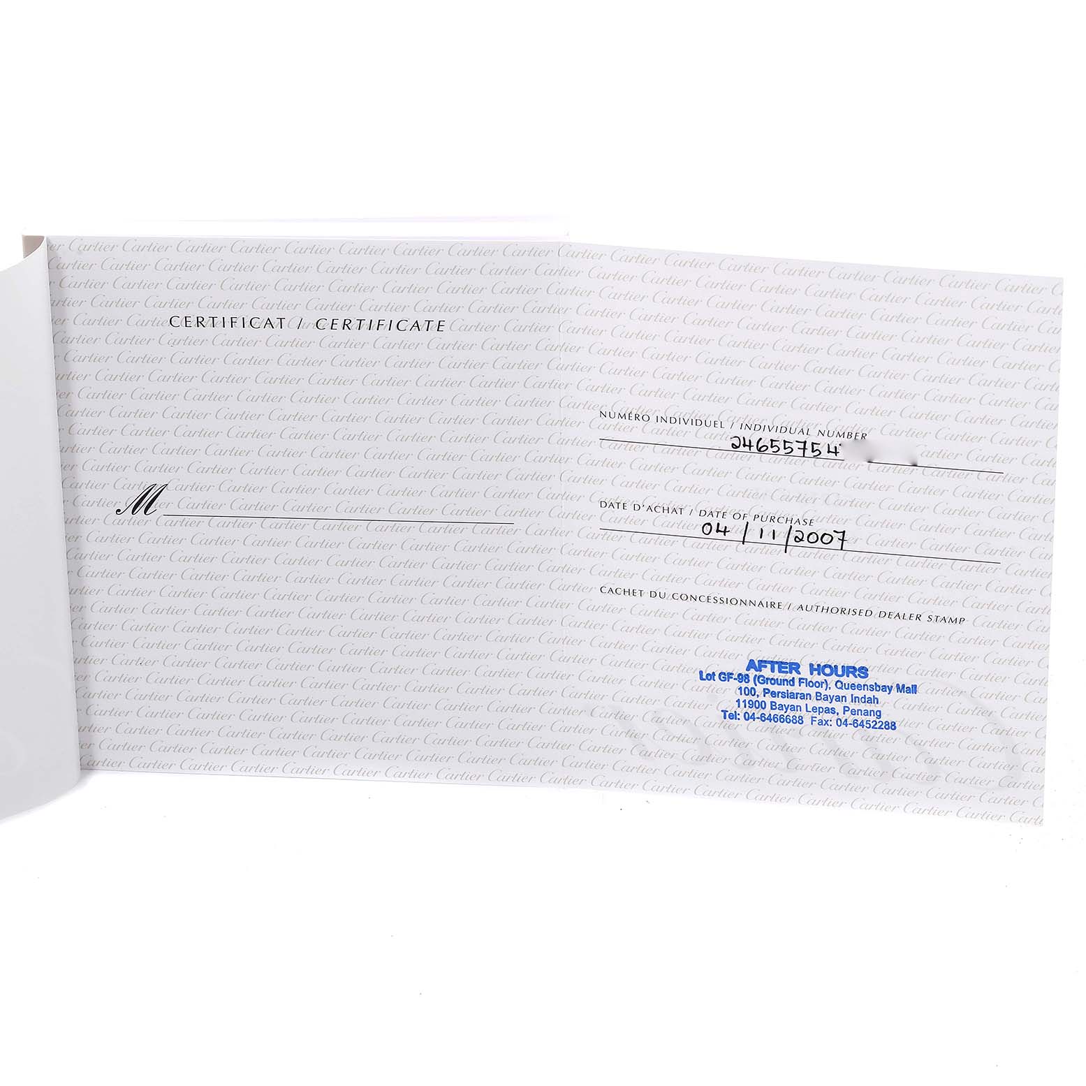 The image shows a certificate of authenticity for the Cartier Tank Francaise W51012Q4 Women's Steel and Gold (two tone) Silver Dial W51012Q4 Women's Steel and Gold (two tone) Silver Dial model, including purchase details and dealer information.