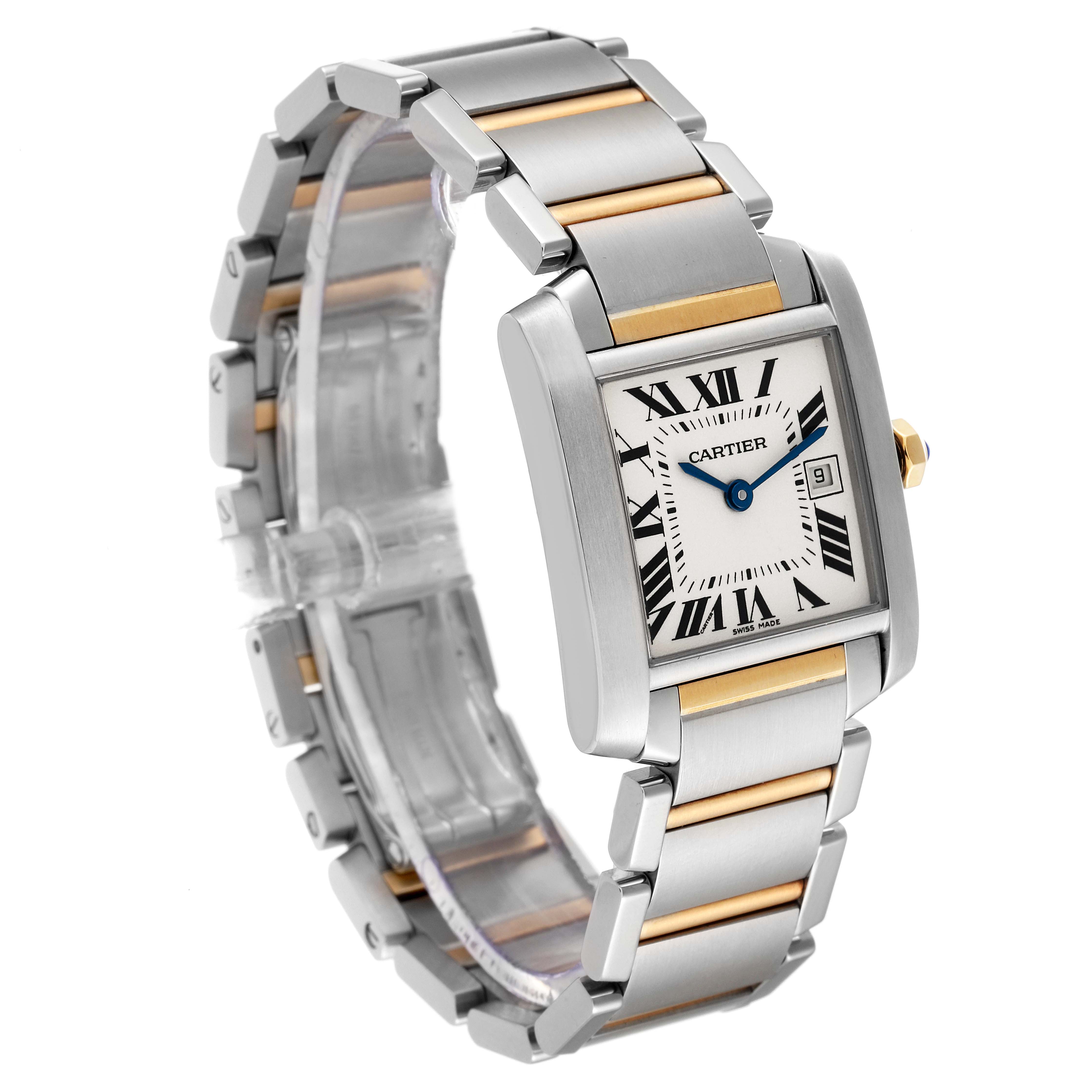The image shows a Cartier Tank Francaise W51012Q4 Women's Steel and Gold (two tone) Silver Dial W51012Q4 Women's Steel and Gold (two tone) Silver Dial watch at an angled view, highlighting its rectangular dial, metal bracelet, and crown.