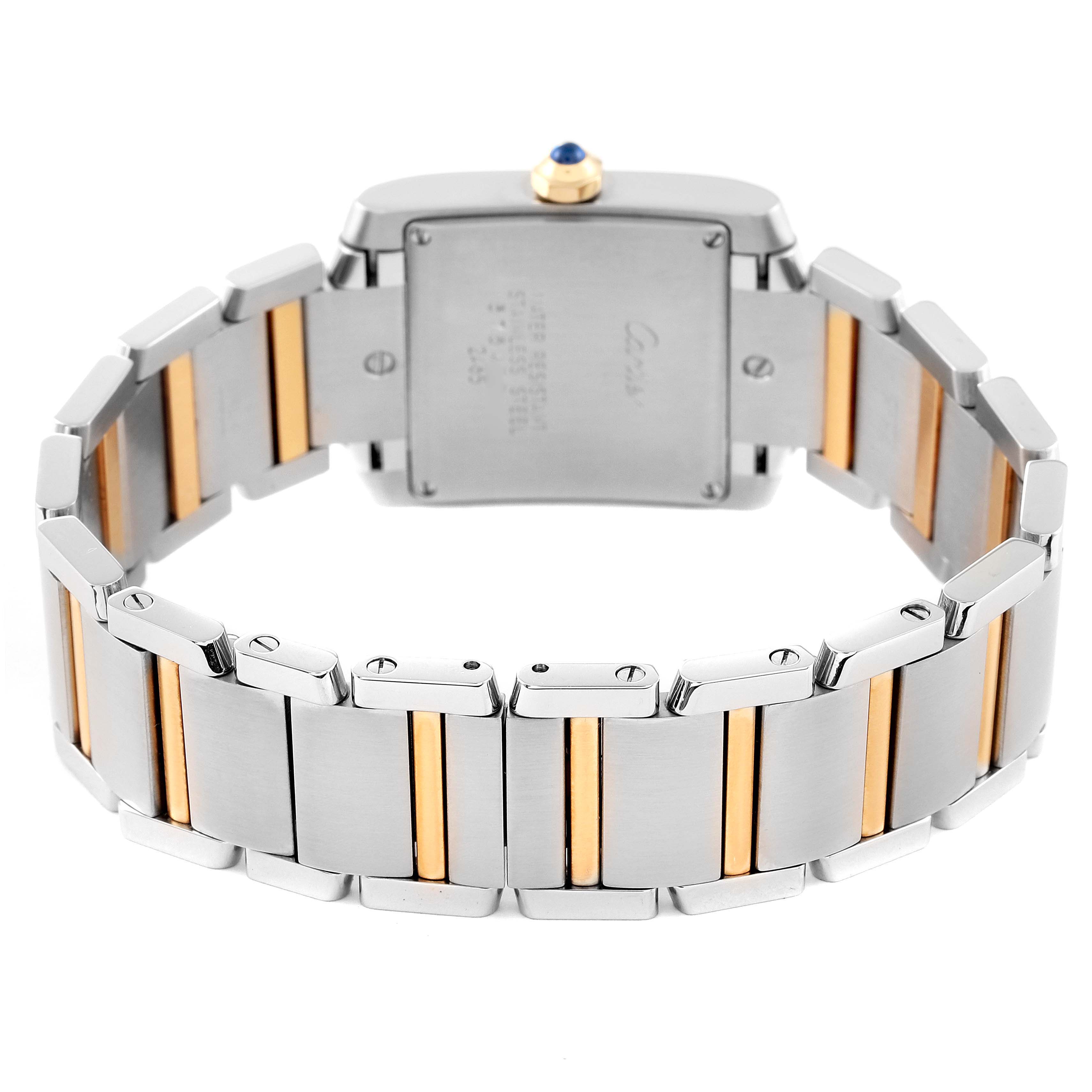 The image shows the back view of a Cartier Tank Francaise W51012Q4 Women's Steel and Gold (two tone) Silver Dial W51012Q4 Women's Steel and Gold (two tone) Silver Dial watch, highlighting the bracelet and case back.