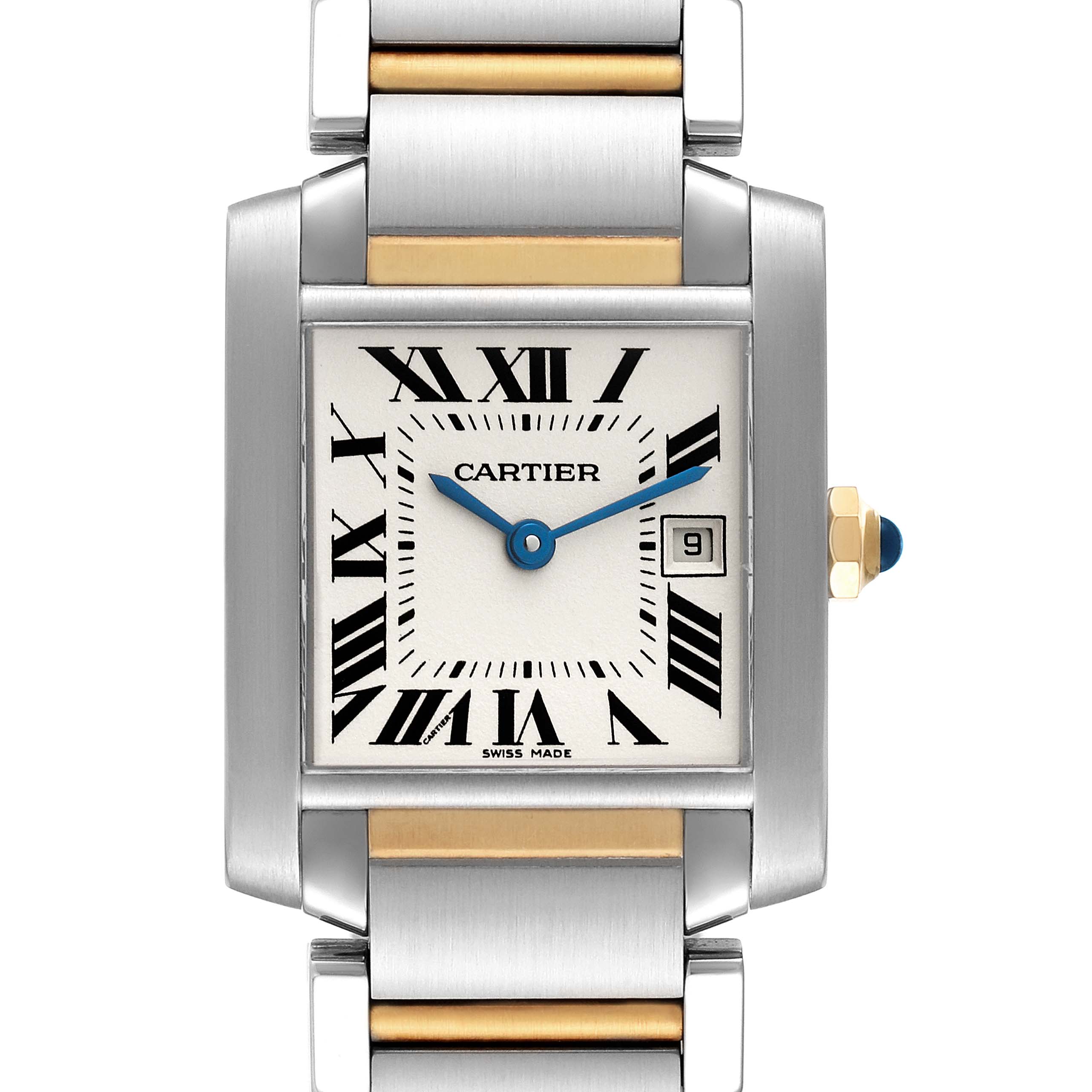 This image shows a front view of the Cartier Tank Française watch, displaying the face, bezel, and part of the bracelet.