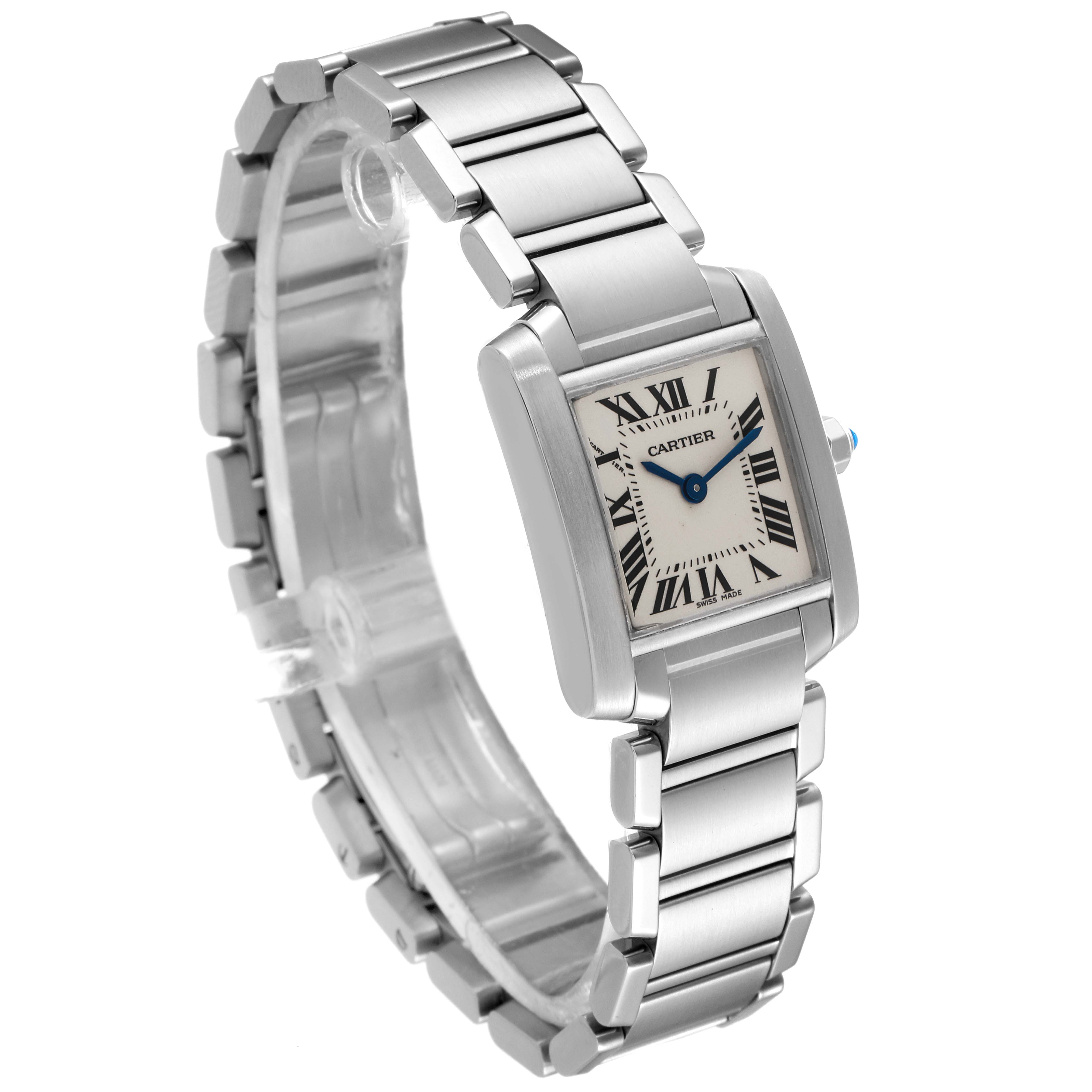 This image shows a Cartier Tank Française watch at a semi-side angle displaying the bracelet, dial, and crown.