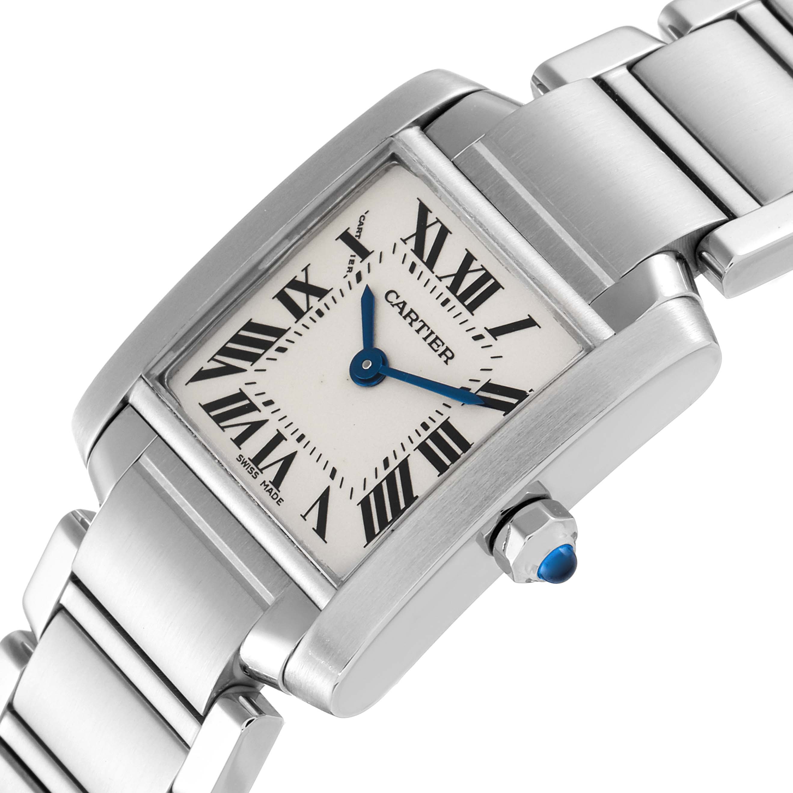 The image shows a close-up angled view of the Cartier Tank Francaise W51008Q3 Women's Stainless Steel Silver Dial W51008Q3 Women's Stainless Steel Silver Dial watch, highlighting the face, crown, and part of the metal bracelet.
