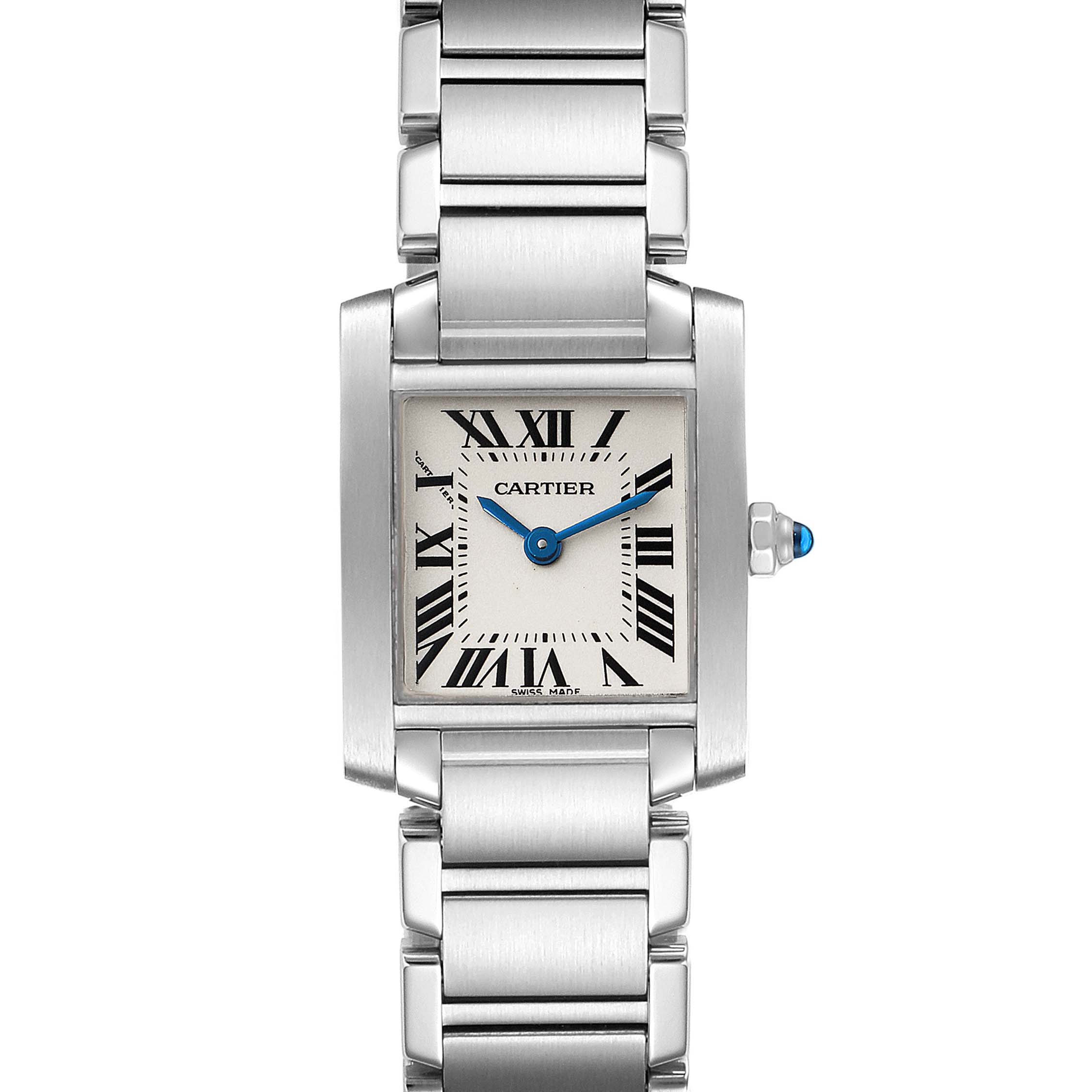 The image shows a front view of a Cartier Tank Francaise W51008Q3 Women's Stainless Steel Silver Dial W51008Q3 Women's Stainless Steel Silver Dial watch, displaying its rectangular dial, Roman numerals, and stainless steel bracelet.