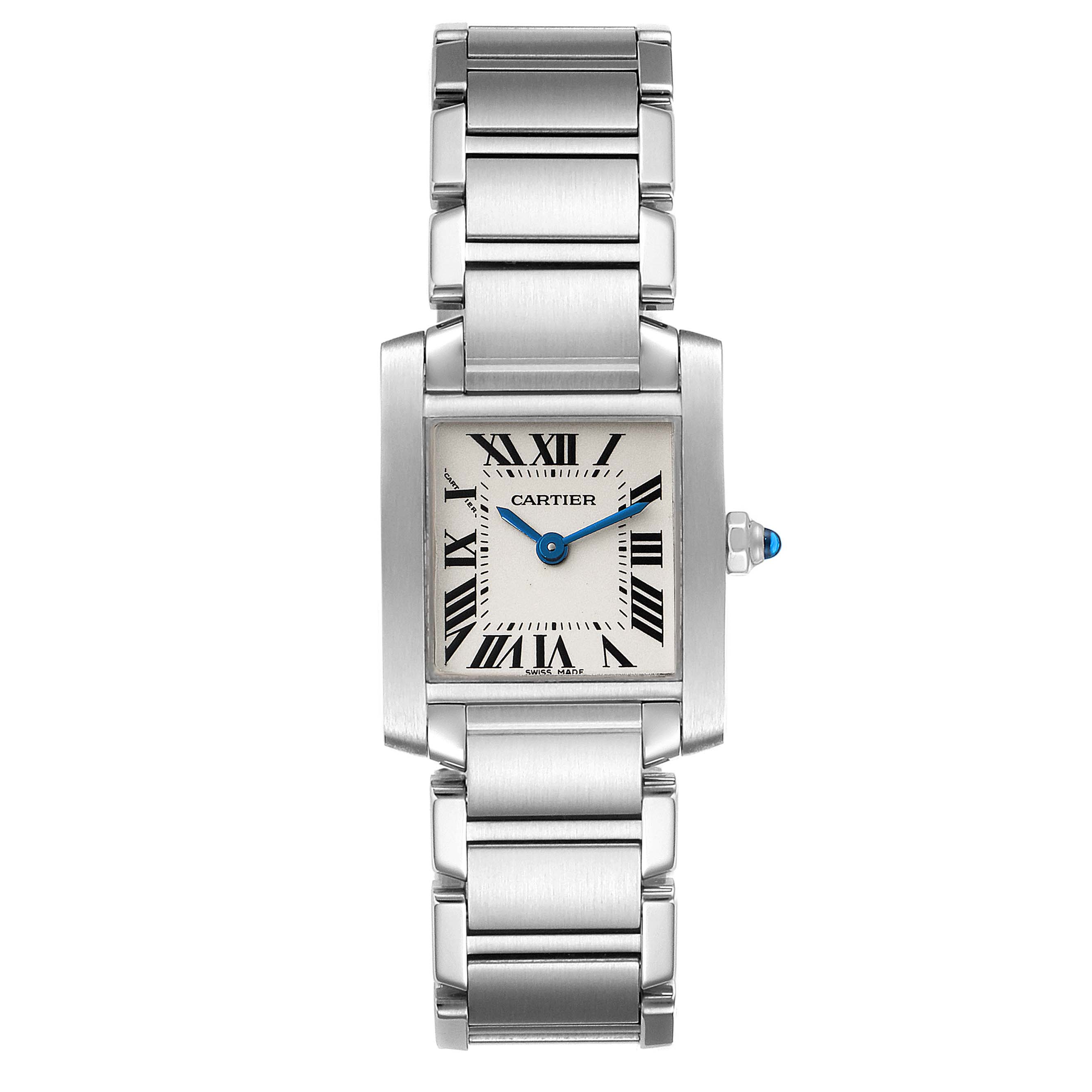 The image shows a Cartier Tank Francaise W51008Q3 Women's Stainless Steel Silver Dial W51008Q3 Women's Stainless Steel Silver Dial watch from a front perspective, displaying its square face and metal bracelet.