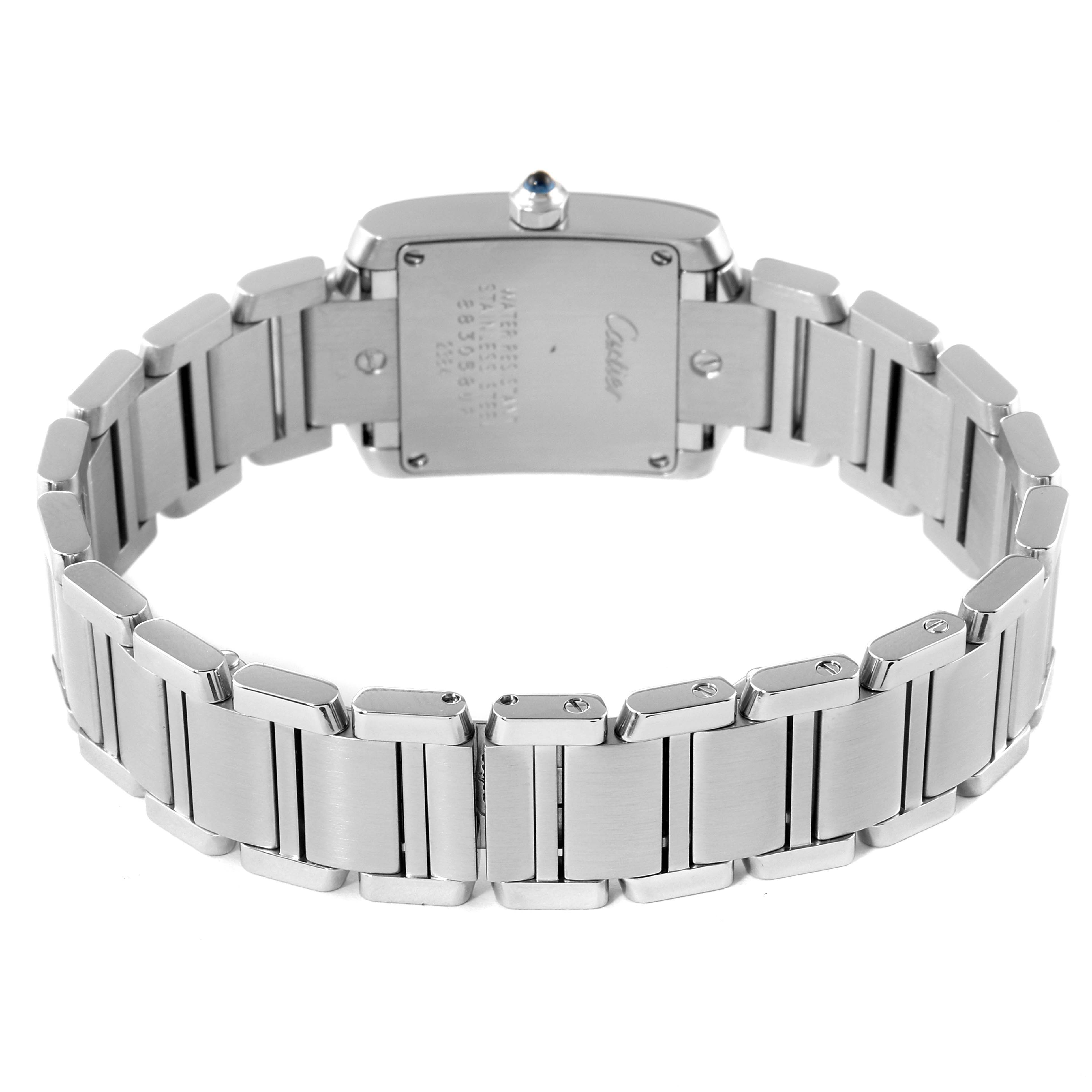 This image shows the back view of the Cartier Tank Francaise W51008Q3 Women's Stainless Steel Silver Dial W51008Q3 Women's Stainless Steel Silver Dial watch, highlighting its metal bracelet and case back.