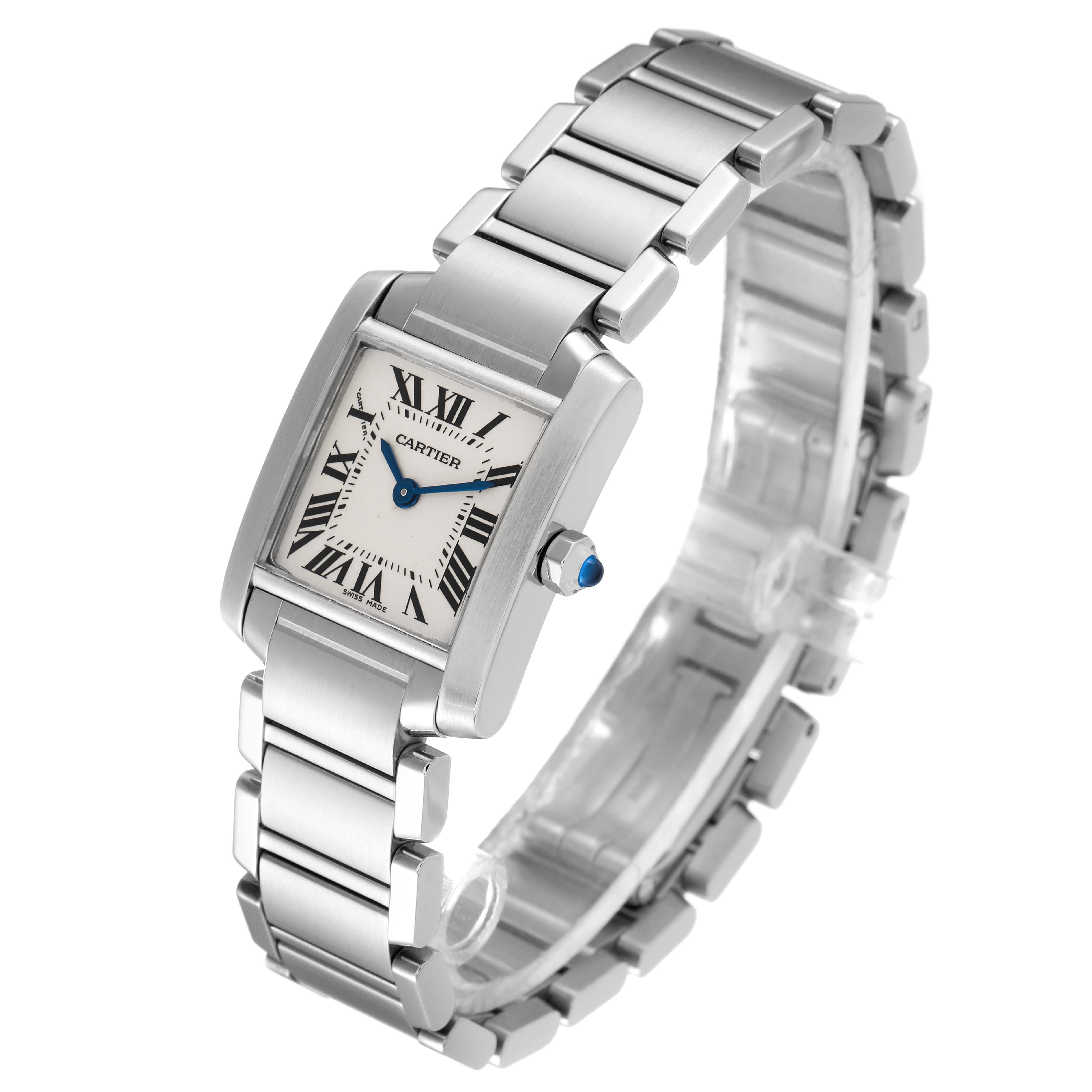 The Tank Francaise model by Cartier is shown at a slight angle showcasing the face, dial, and stainless steel bracelet.
