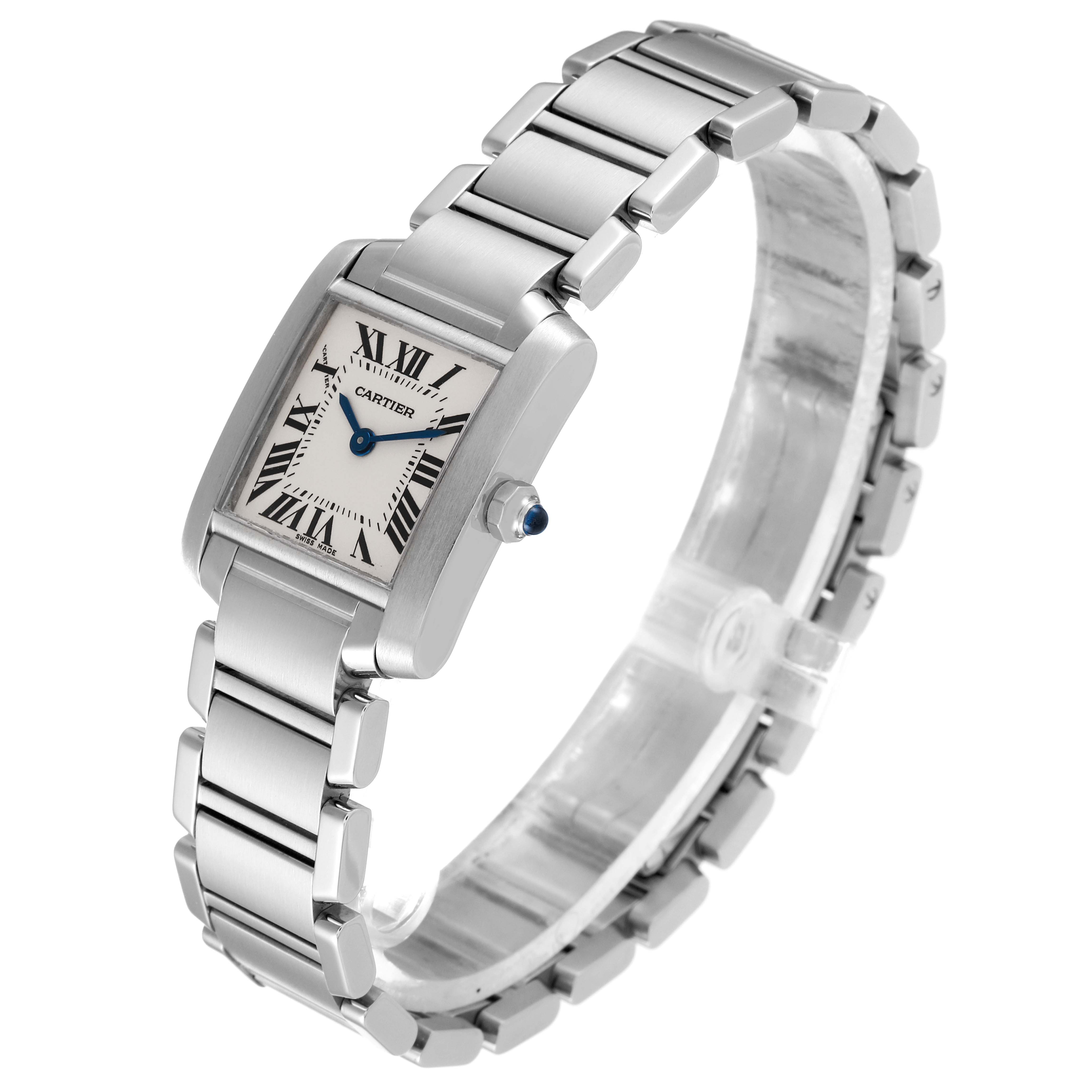 The image shows a Cartier Tank Francaise W51008Q3 Women
s Stainless Steel Silver Dial W51008Q3 Women
s Stainless Steel Silver Dial watch from a side angle, highlighting its rectangular face, stainless steel bracelet, and blue crown.