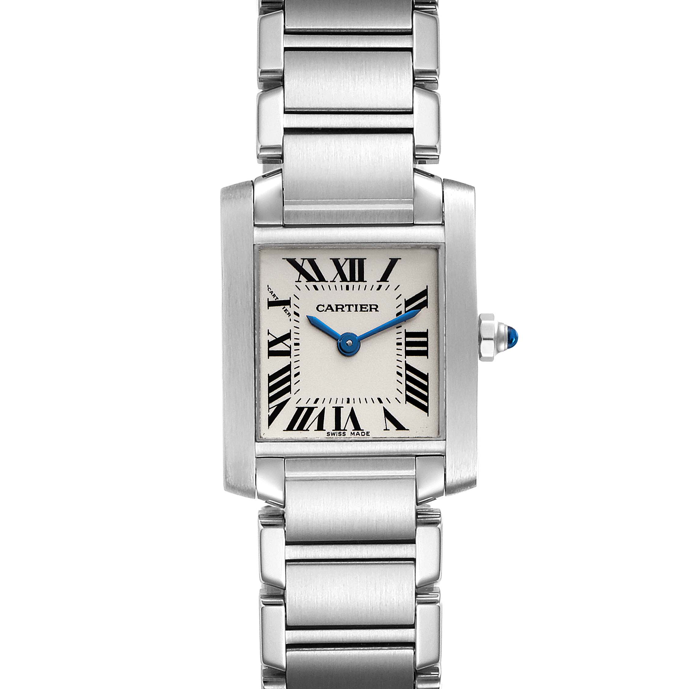 The image shows a Cartier Tank Francaise W51008Q3 Women
s Stainless Steel Silver Dial W51008Q3 Women
s Stainless Steel Silver Dial watch, featuring the face, strap, and crown, viewed from the front.