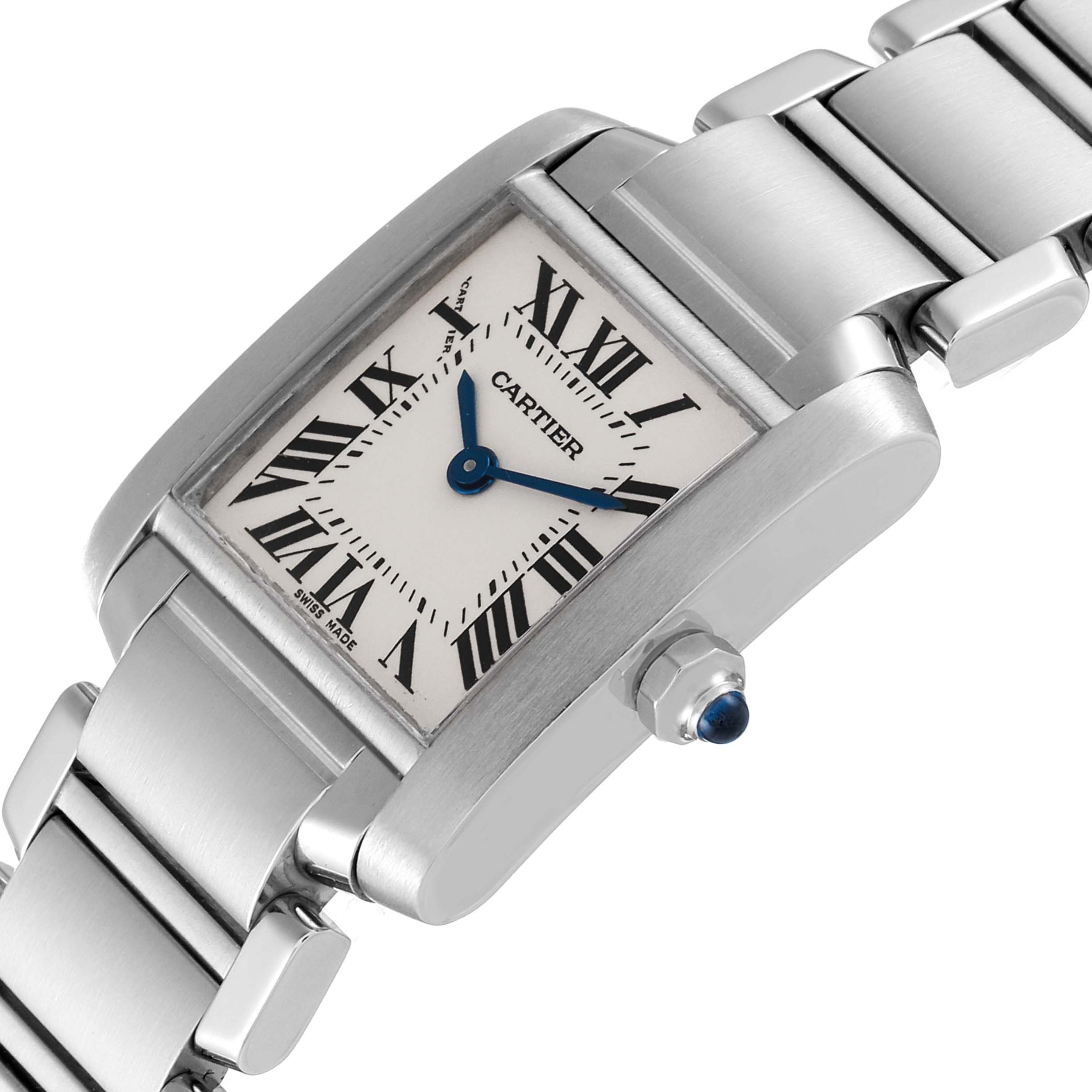 This image depicts the face and bracelet of a Cartier Tank Francaise W51008Q3 Women
s Stainless Steel Silver Dial W51008Q3 Women
s Stainless Steel Silver Dial watch at a slight angle.
