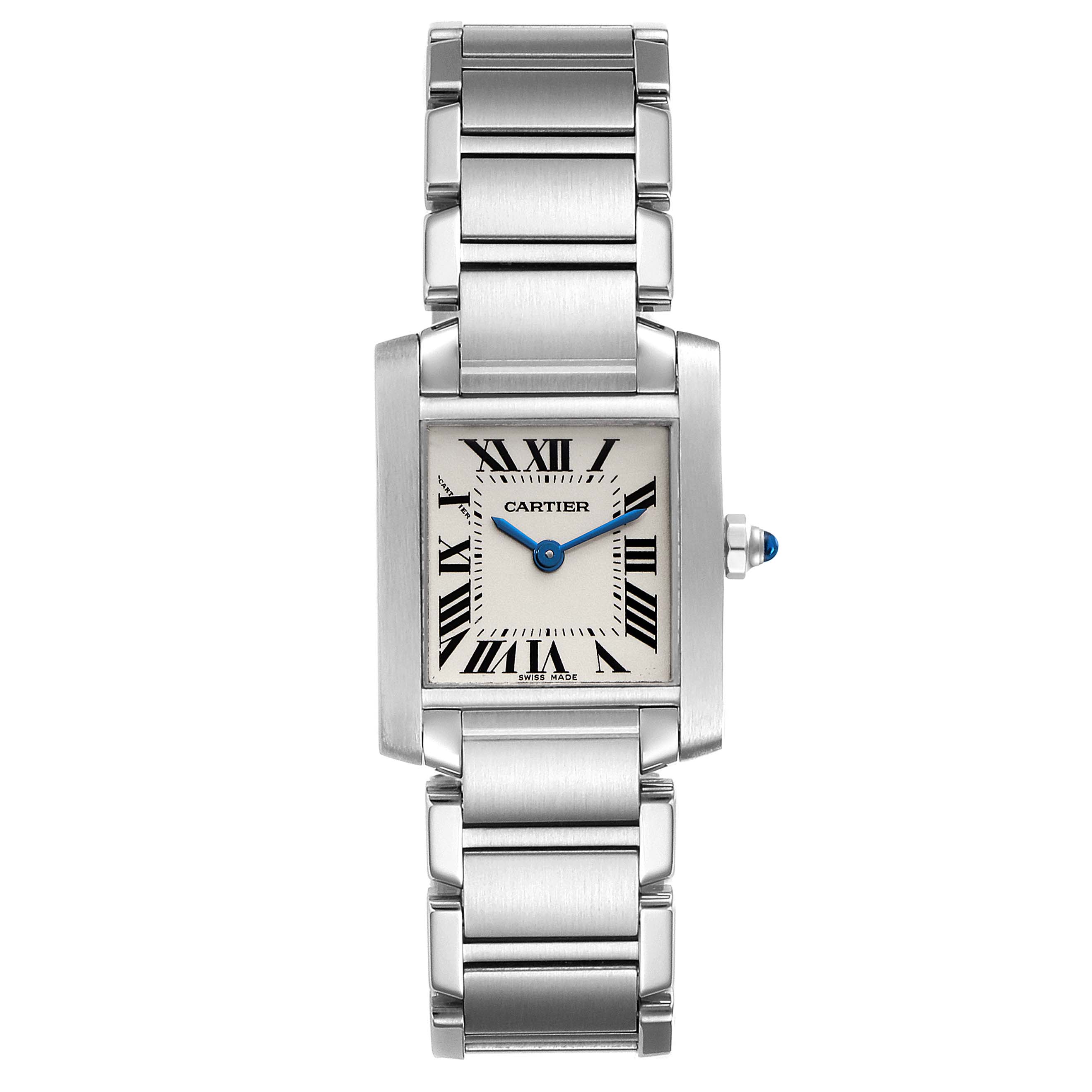 The image shows a frontal view of the Cartier Tank Francaise W51008Q3 Women
s Stainless Steel Silver Dial W51008Q3 Women
s Stainless Steel Silver Dial watch, displaying the dial, case, bracelet, and crown.