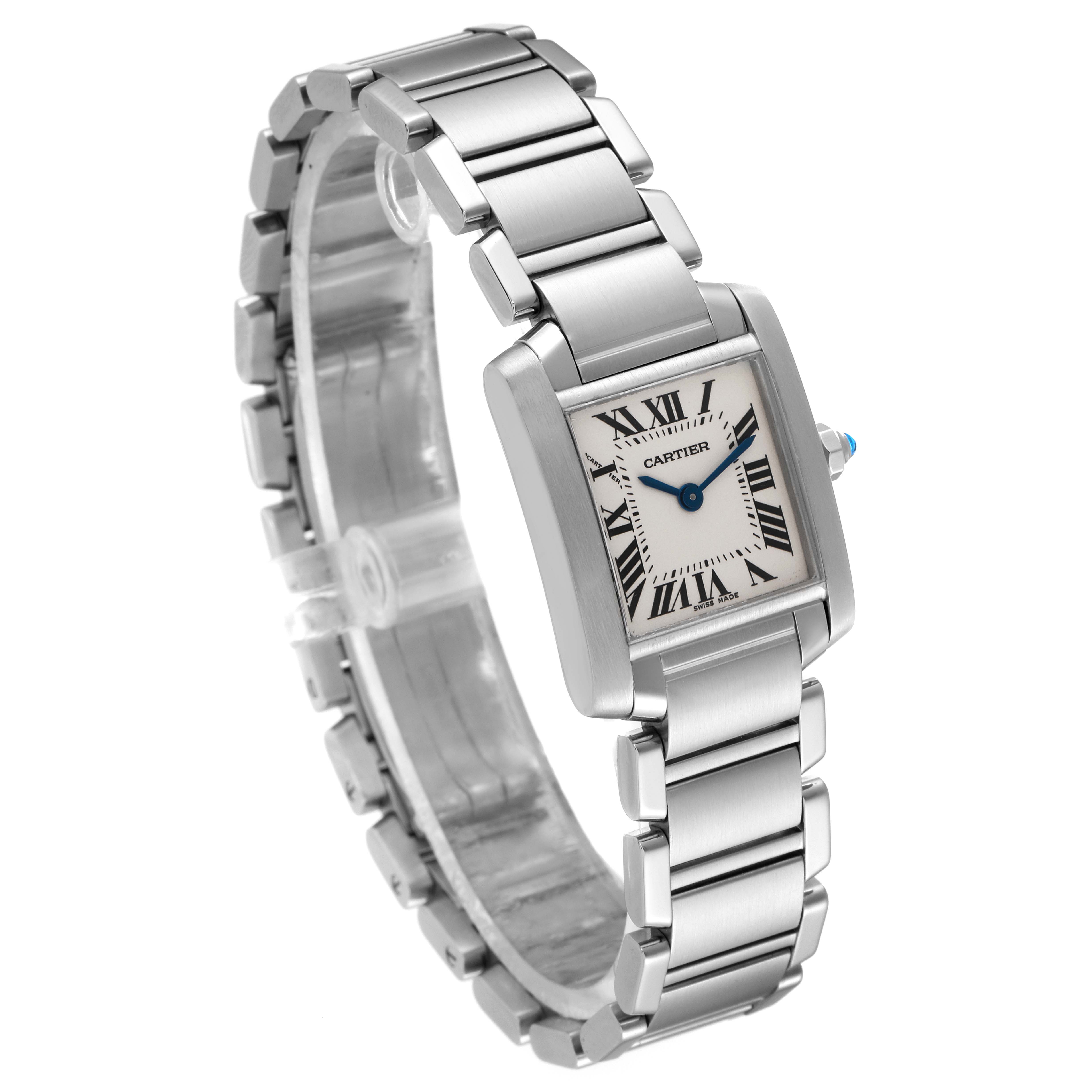 This image shows a Cartier Tank Francaise W51008Q3 Women
s Stainless Steel Silver Dial W51008Q3 Women
s Stainless Steel Silver Dial watch angled slightly from above, highlighting its face, strap, and bezel.