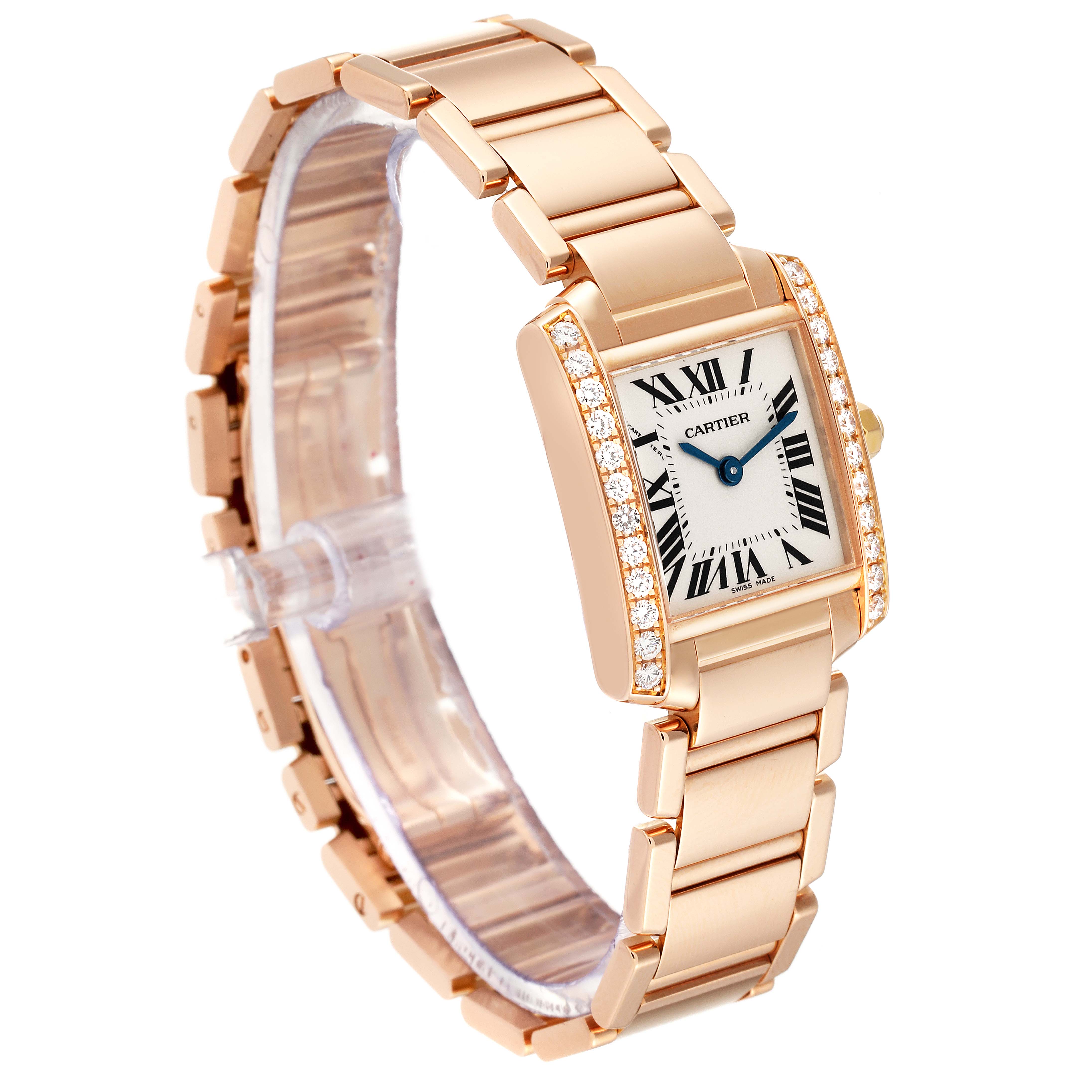 This Cartier Tank Francaise WE10456H Women's Rose Gold Silver Dial WE10456H Women's Rose Gold Silver Dial watch is shown at an angle displaying the face, bracelet, and diamond accents.