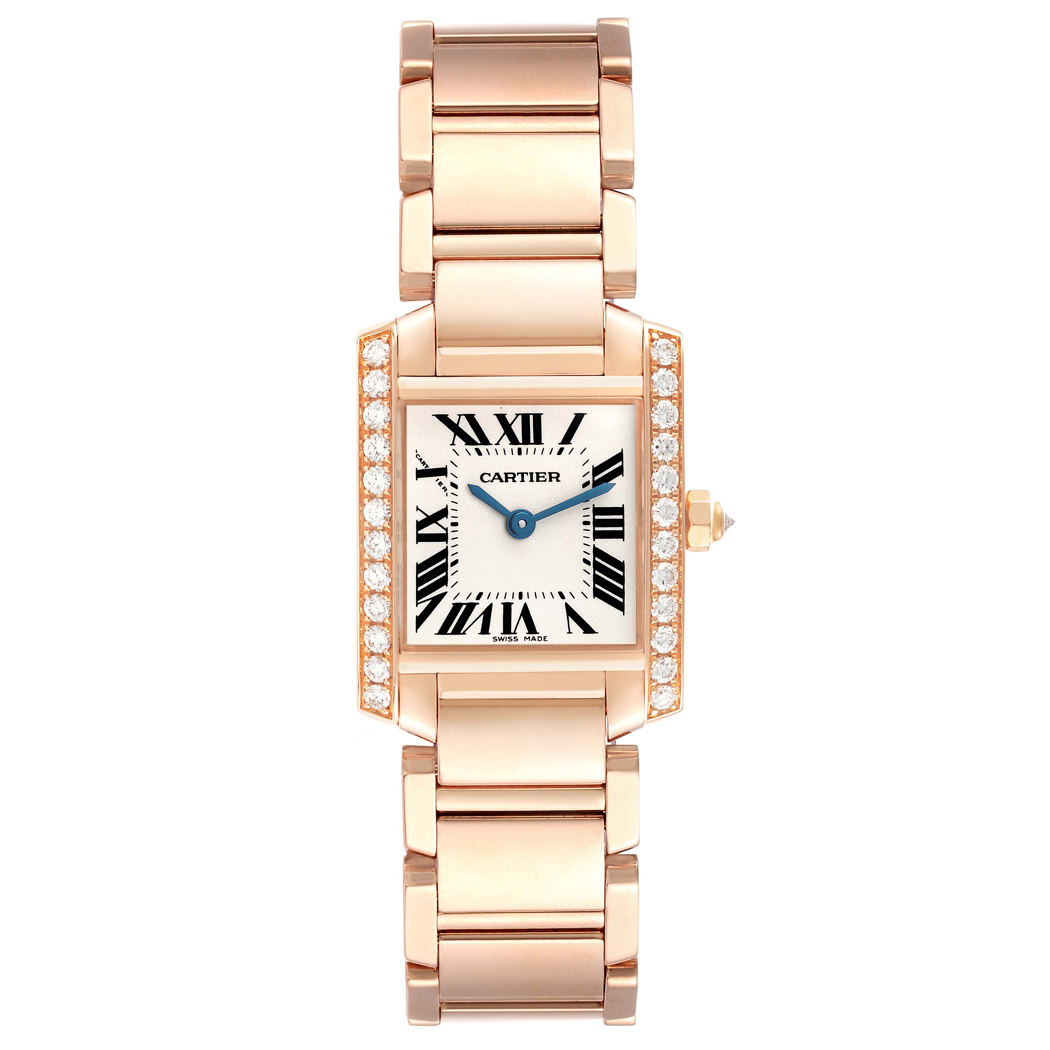 The image shows a top-down view of the Cartier Tank Française watch, displaying its face, bracelet, and diamond-set bezel.