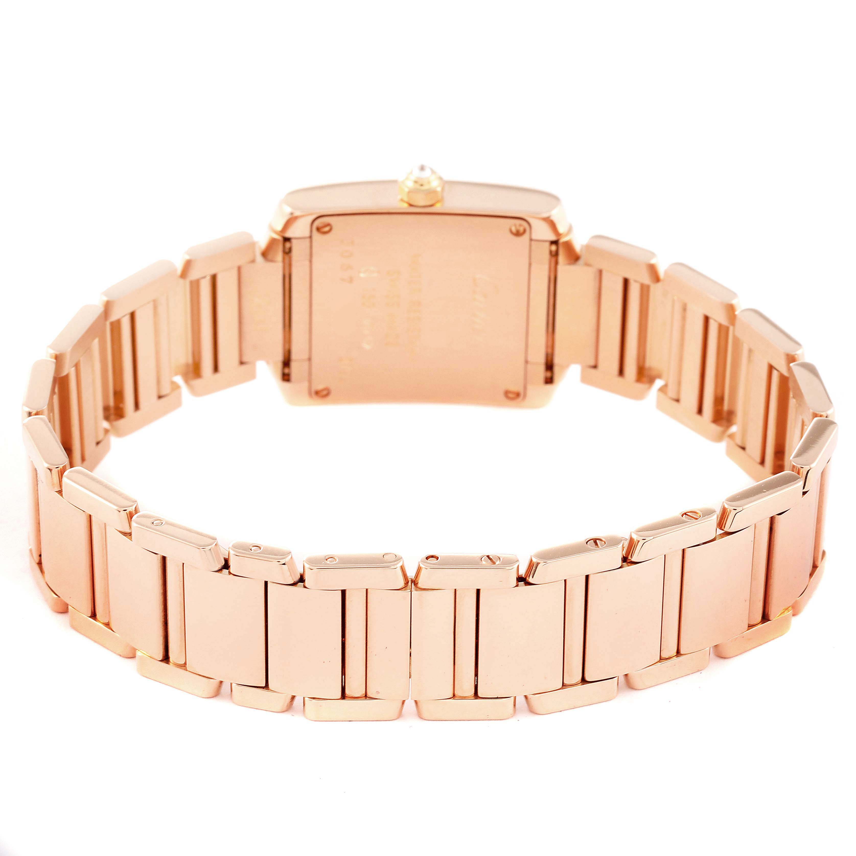 This image shows the back view of the Cartier Tank Francaise WE10456H Women's Rose Gold Silver Dial WE10456H Women's Rose Gold Silver Dial watch, focusing on the bracelet and case back.