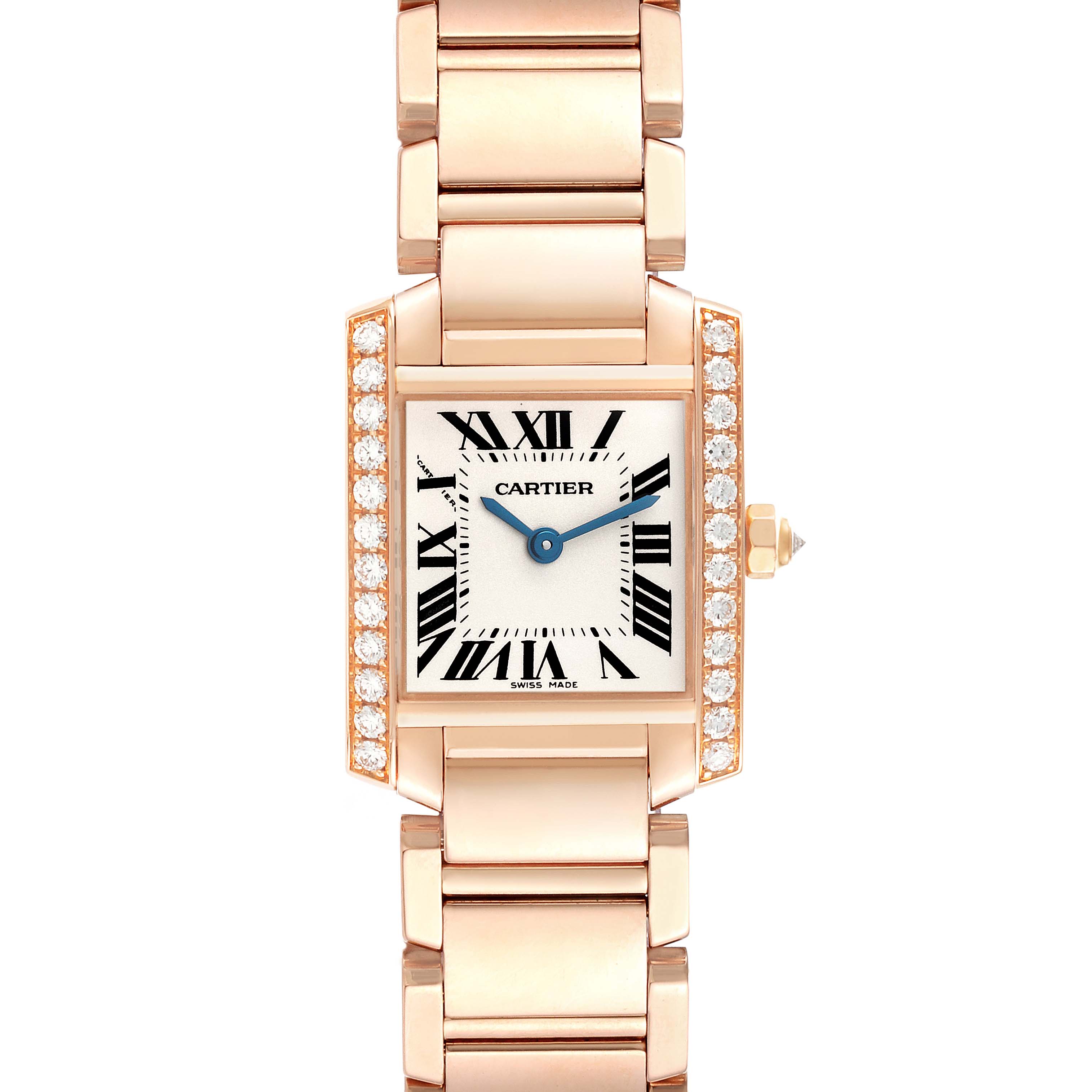 The image shows a frontal view of a Cartier Tank Francaise WE10456H Women's Rose Gold Silver Dial WE10456H Women's Rose Gold Silver Dial watch, detailing its face, bracelet, and diamond accents.
