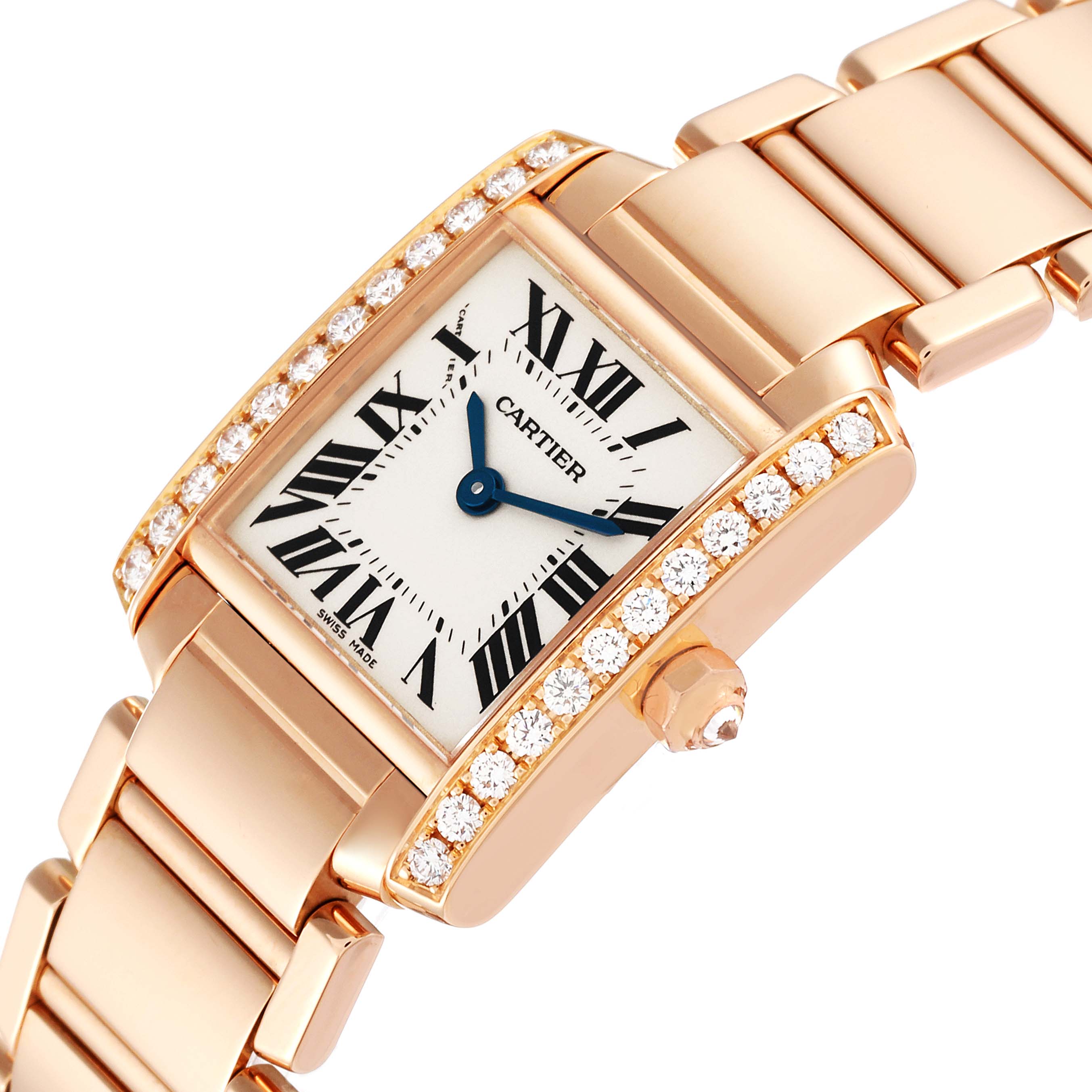 This Cartier Tank Francaise WE10456H Women's Rose Gold Silver Dial WE10456H Women's Rose Gold Silver Dial watch is shown at an angled close-up, highlighting its case, bracelet, diamond bezel, and crown.
