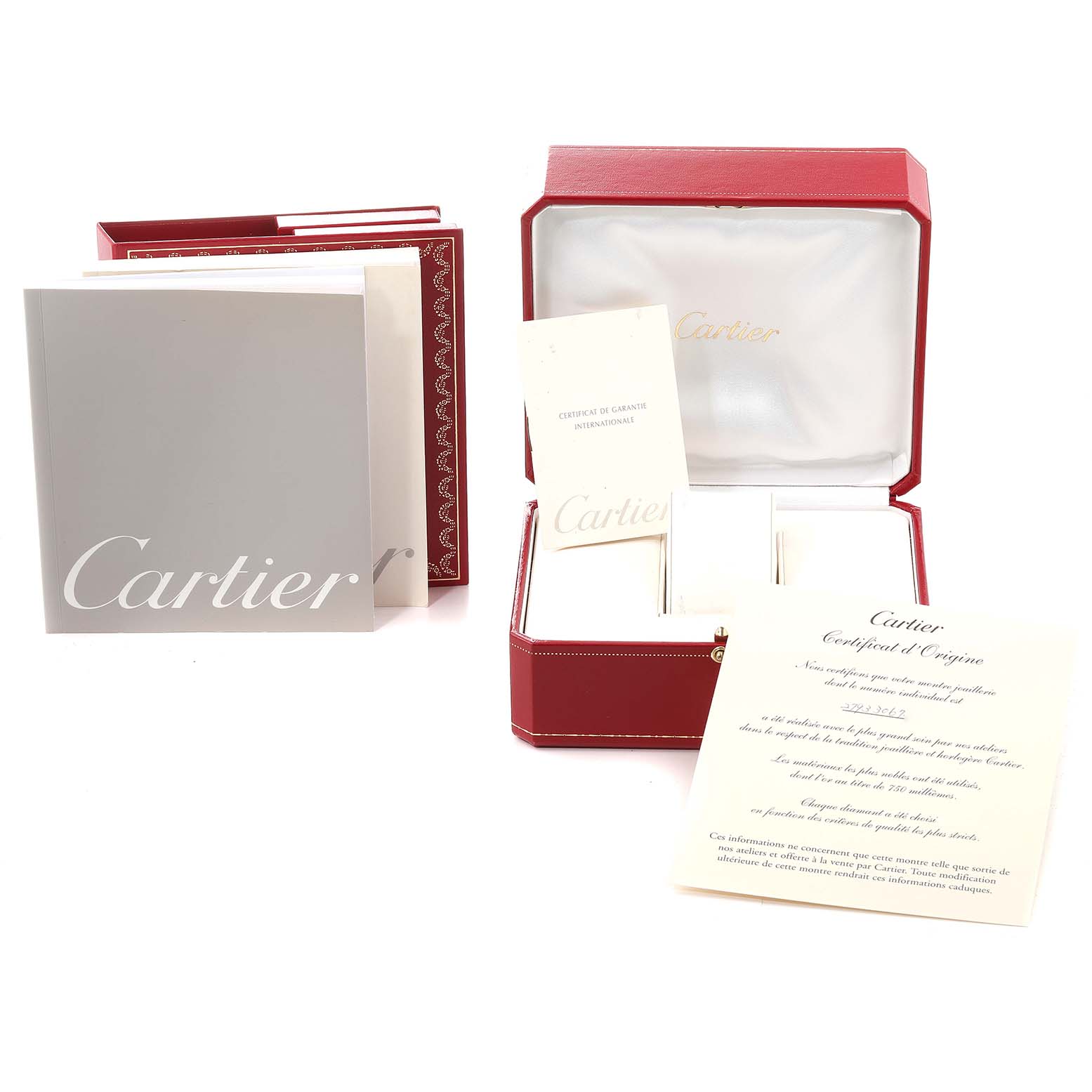 The image shows the packaging, warranty booklet, certificate, and manual for a Cartier Tank Francaise WE10456H Women's Rose Gold Silver Dial WE10456H Women's Rose Gold Silver Dial watch.