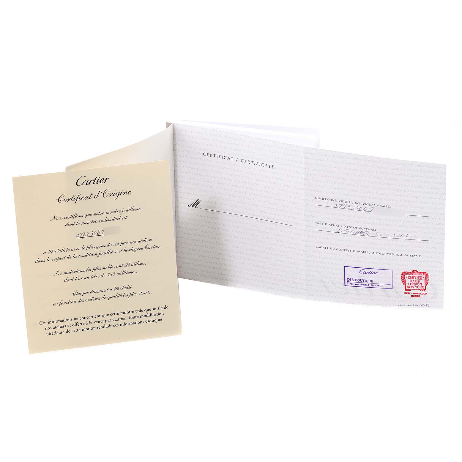 The image shows the original certificate and warranty papers for a Cartier Tank Francaise WE10456H Women's Rose Gold Silver Dial WE10456H Women's Rose Gold Silver Dial watch.