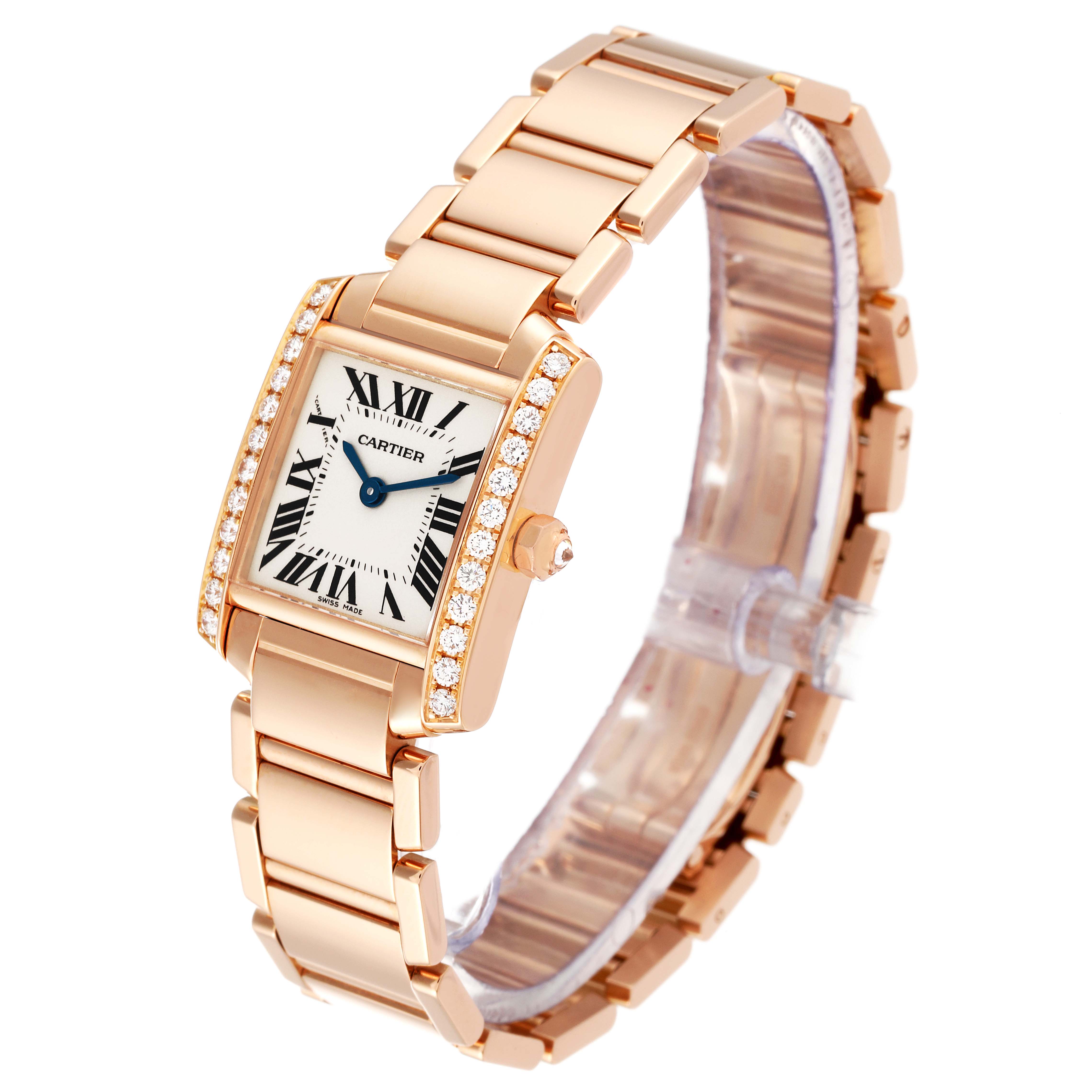 The Cartier Tank Francaise WE10456H Women's Rose Gold Silver Dial WE10456H Women's Rose Gold Silver Dial watch is shown at an angled front view, highlighting its face, bracelet, and diamond-set bezel.
