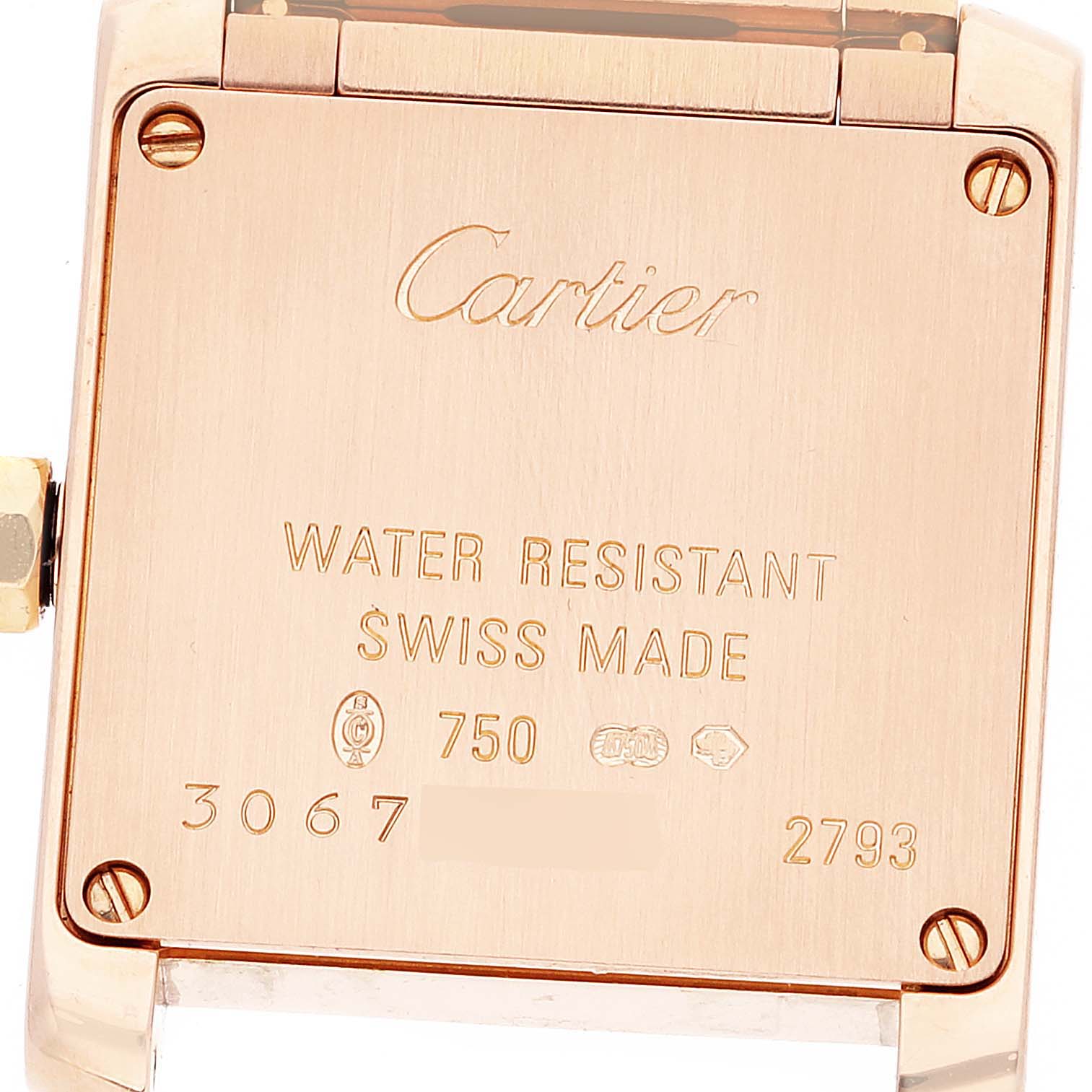 This is the back view of a Cartier Tank Francaise WE10456H Women's Rose Gold Silver Dial WE10456H Women's Rose Gold Silver Dial watch, showing its inscriptions and serial numbers.